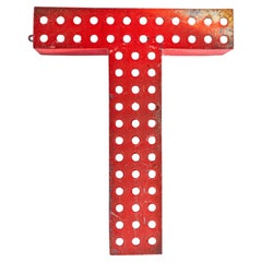 1950’s Original Large French Metal Shop Signage Letters – Perforated Red T