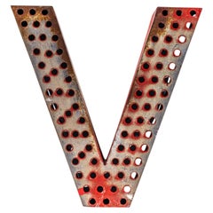 1950’s Original Large French Metal Shop Signage Letters – Perforated Red V