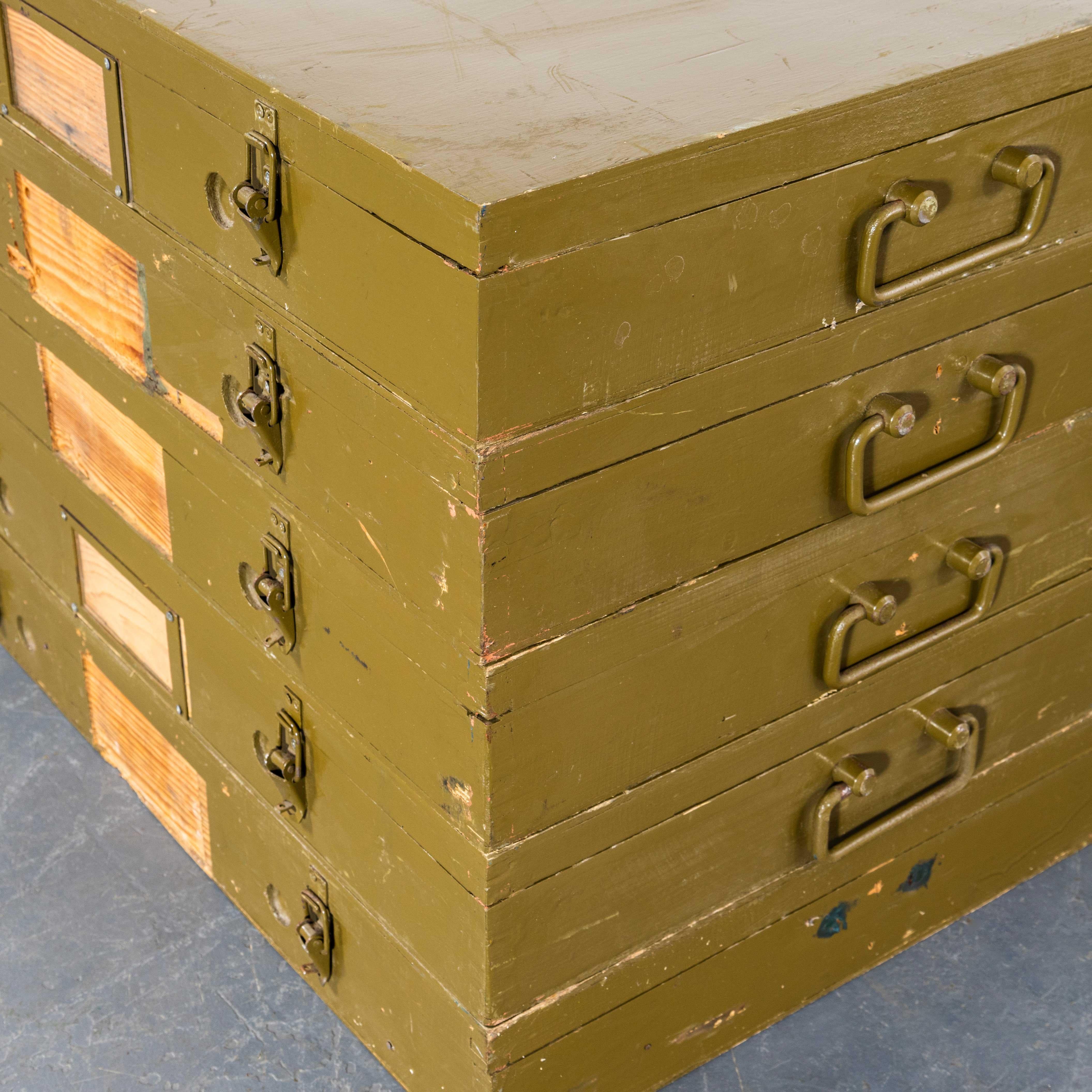 European 1950's Original Military Storage Boxes - Set Of Five Khaki For Sale