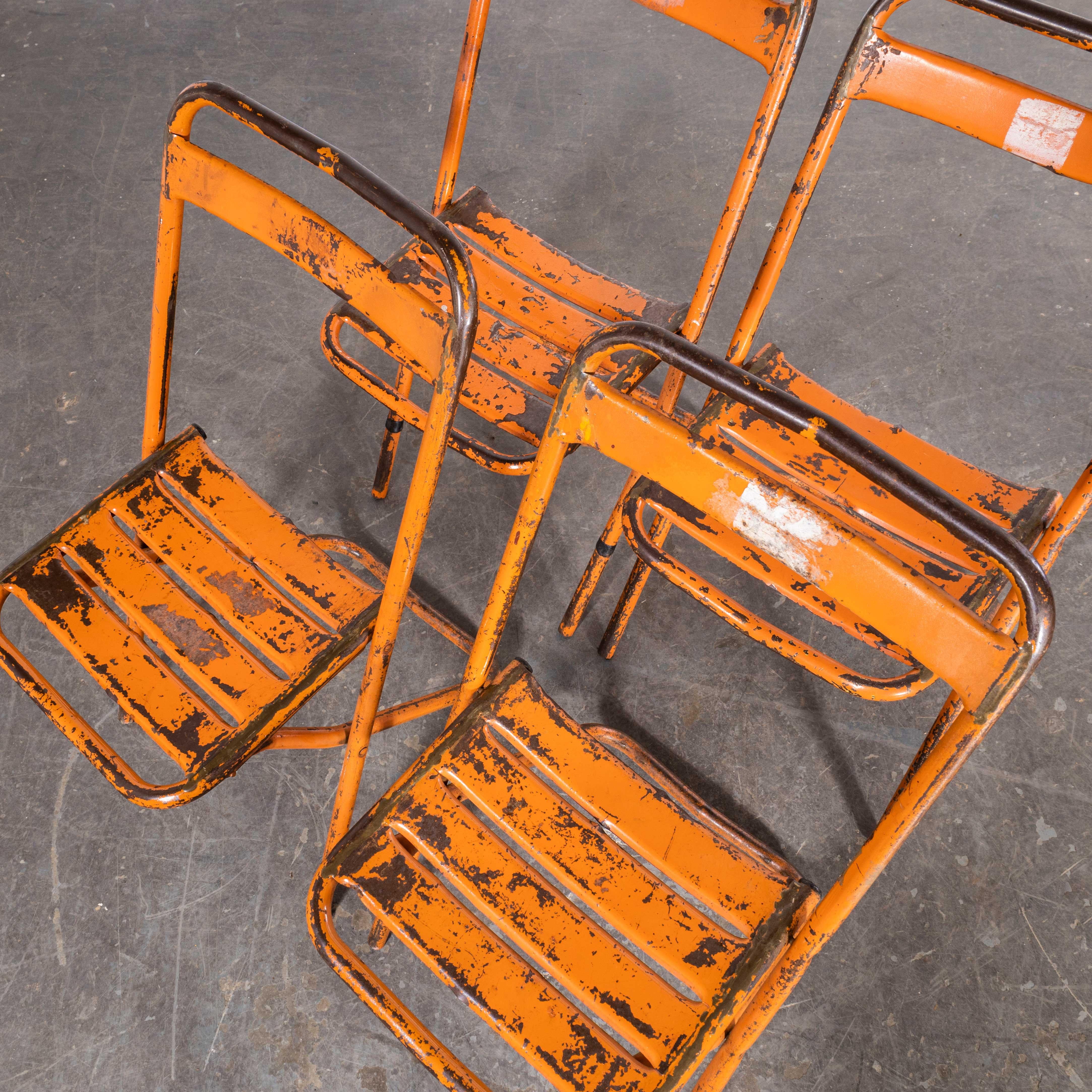 French 1950's Original Orange Tolix Folding Metal Outdoor Chairs - Set Of Four For Sale