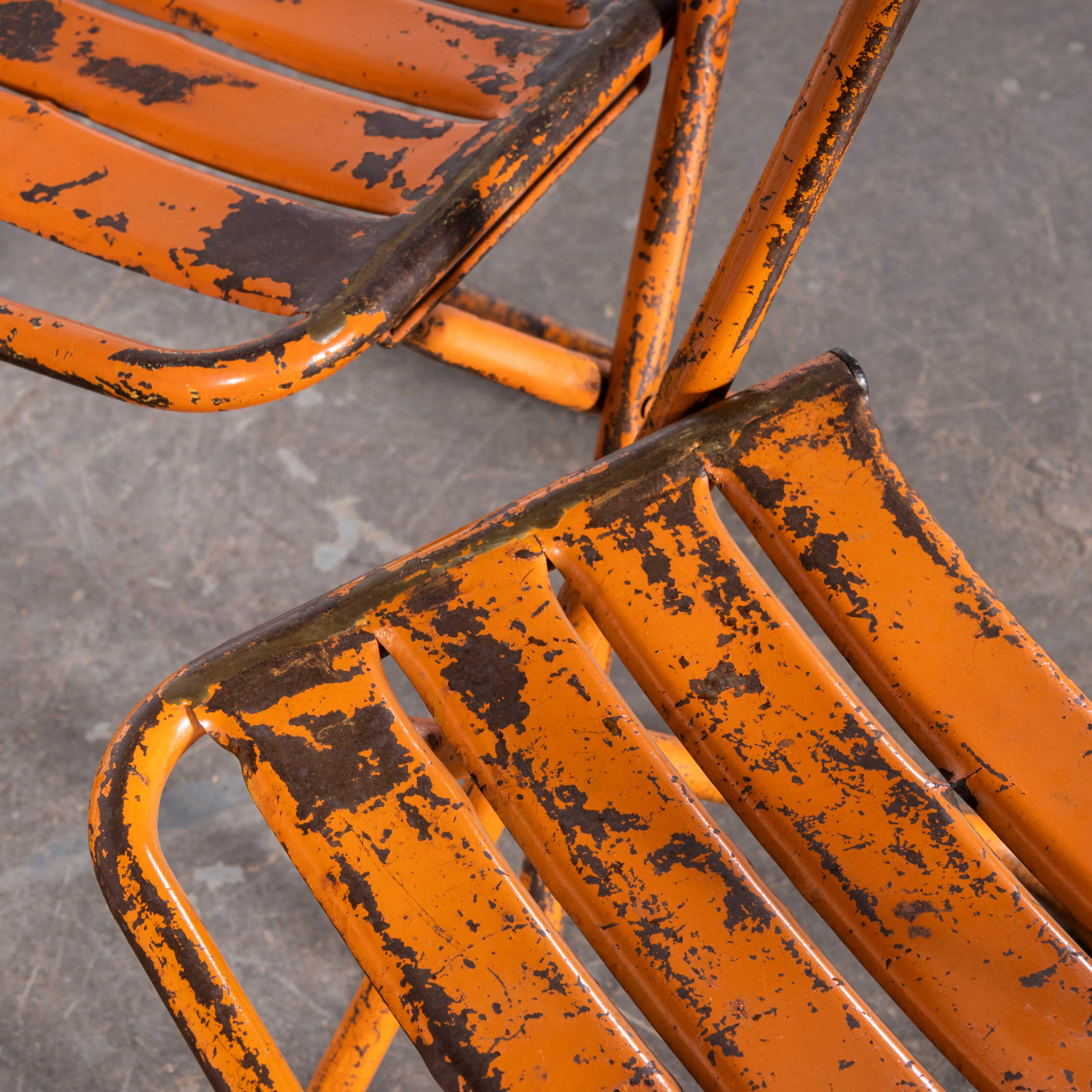 1950's Original Orange Tolix Folding Metal Outdoor Chairs - Set Of Four For Sale 1