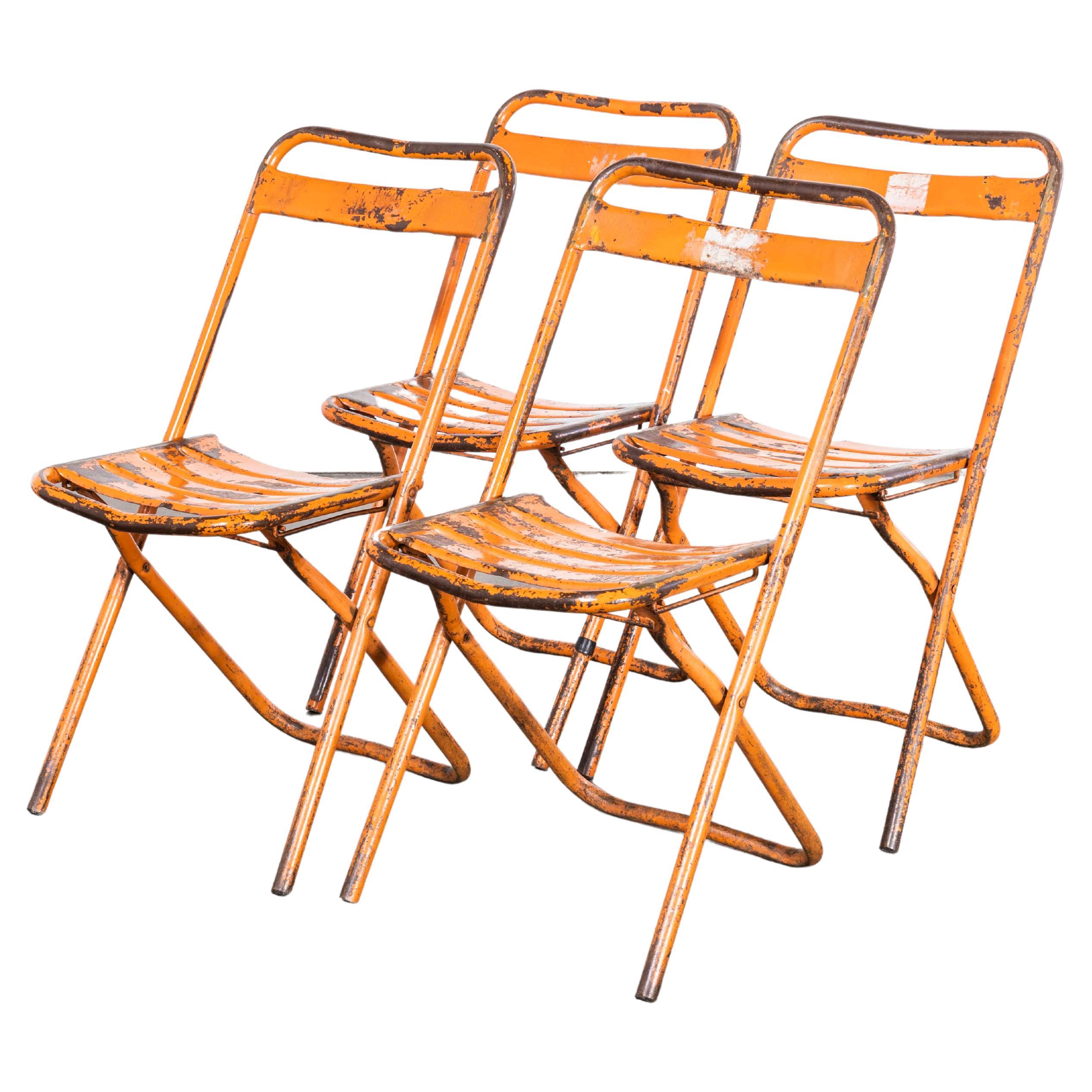 1950's Original Orange Tolix Folding Metal Outdoor Chairs - Set Of Four For Sale