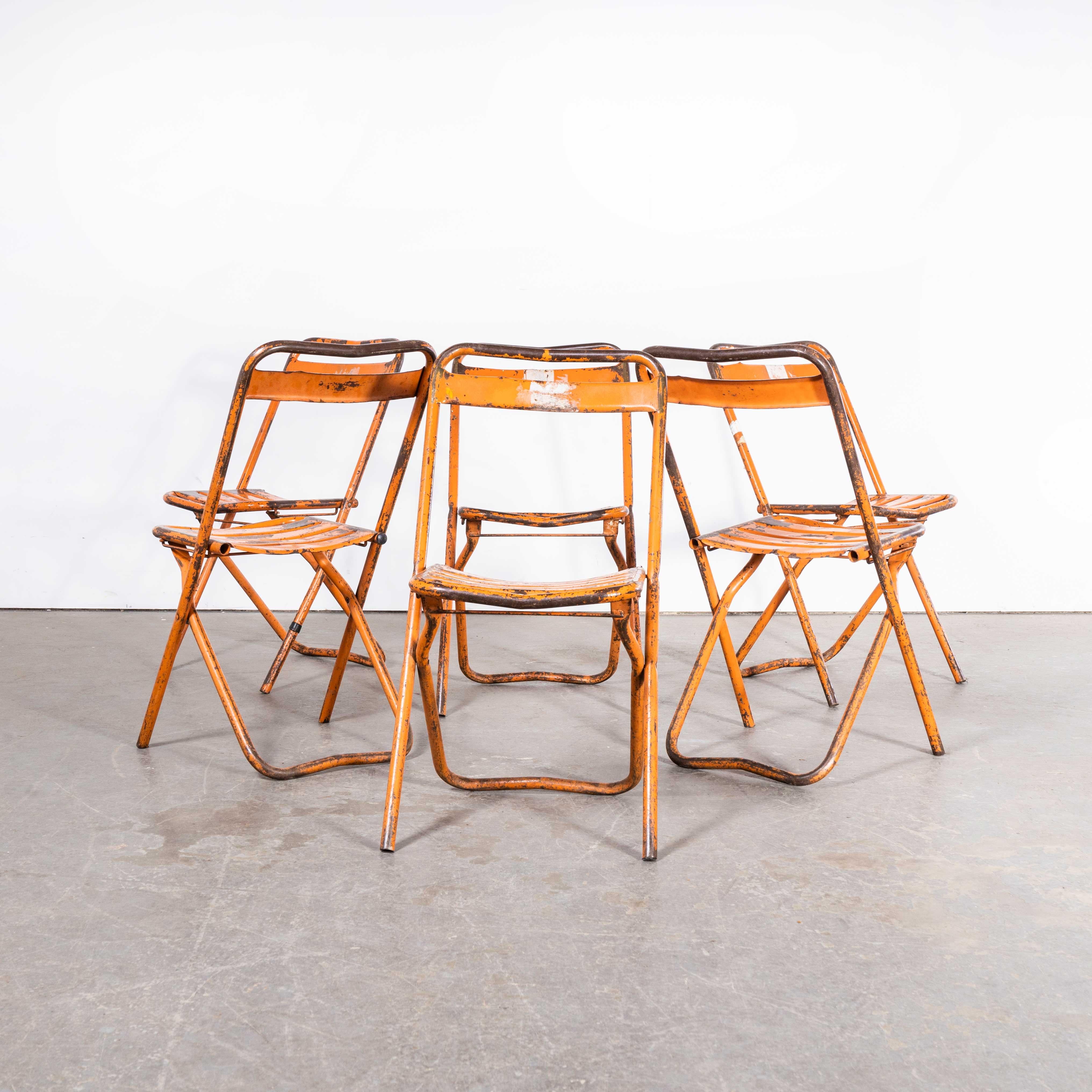 French 1950's Original Orange Tolix Folding Metal Outdoor Chairs - Set Of Six For Sale