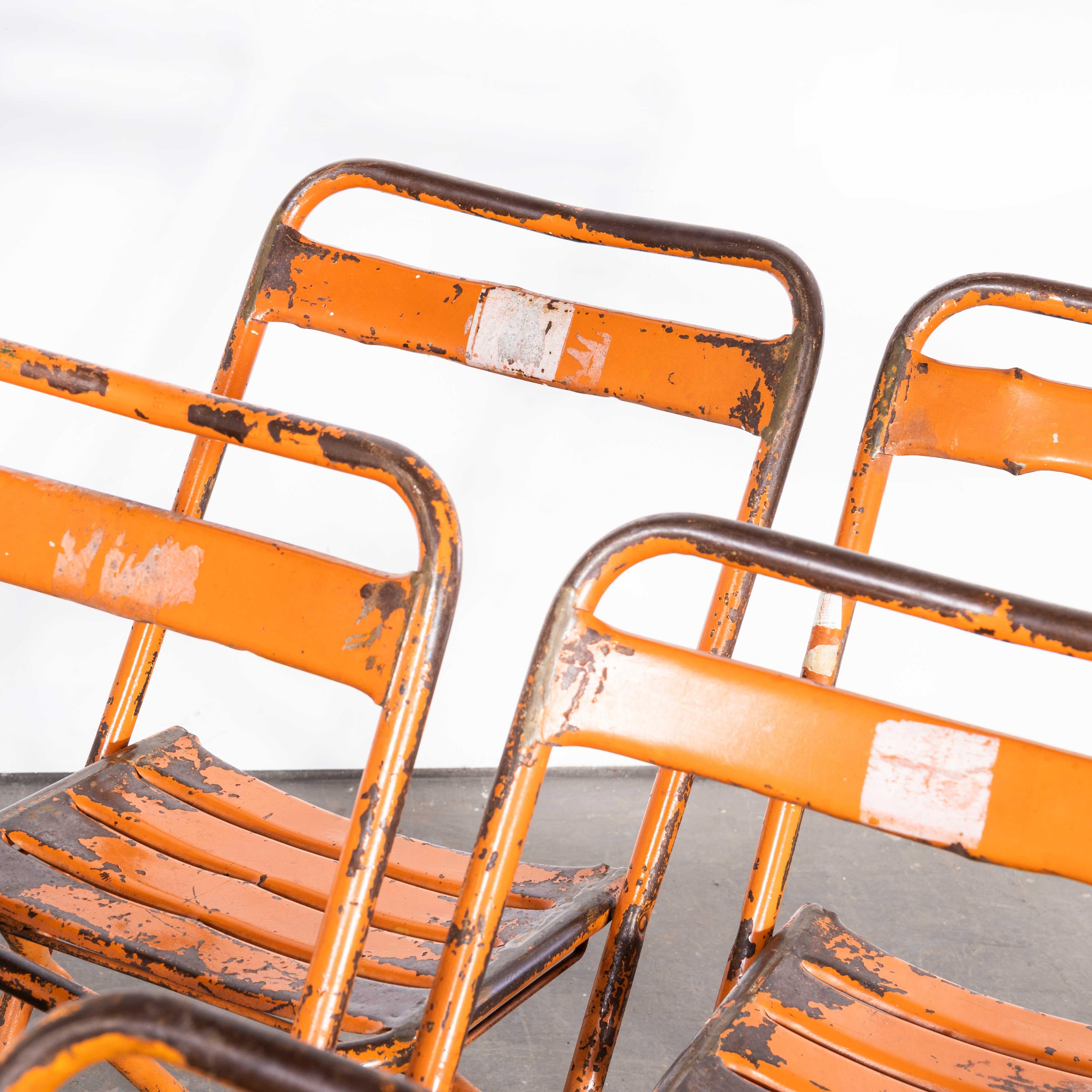 1950's Original Orange Tolix Folding Metal Outdoor Chairs - Set Of Six For Sale 2