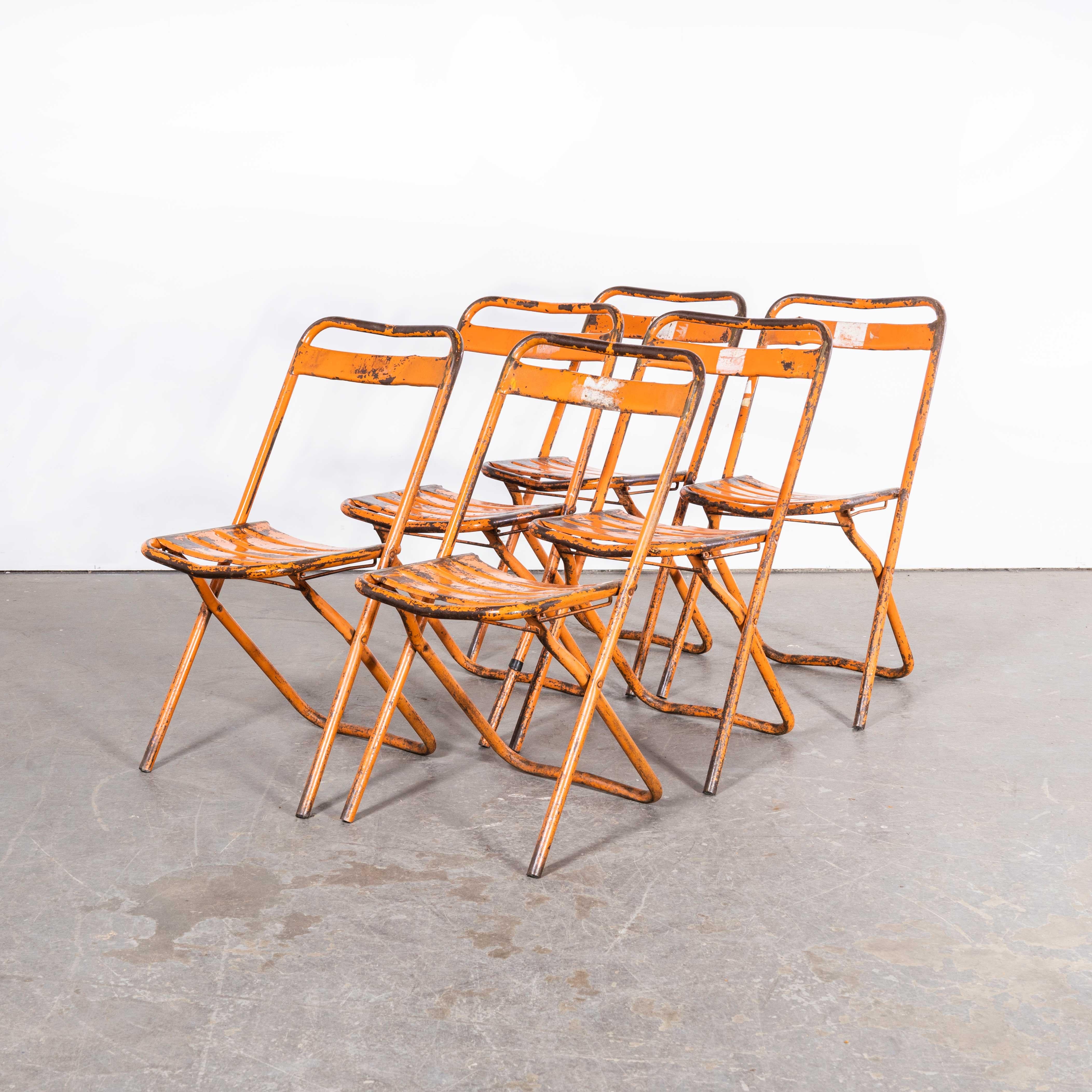 1950's Original Orange Tolix Folding Metal Outdoor Chairs - Set Of Six For Sale 3