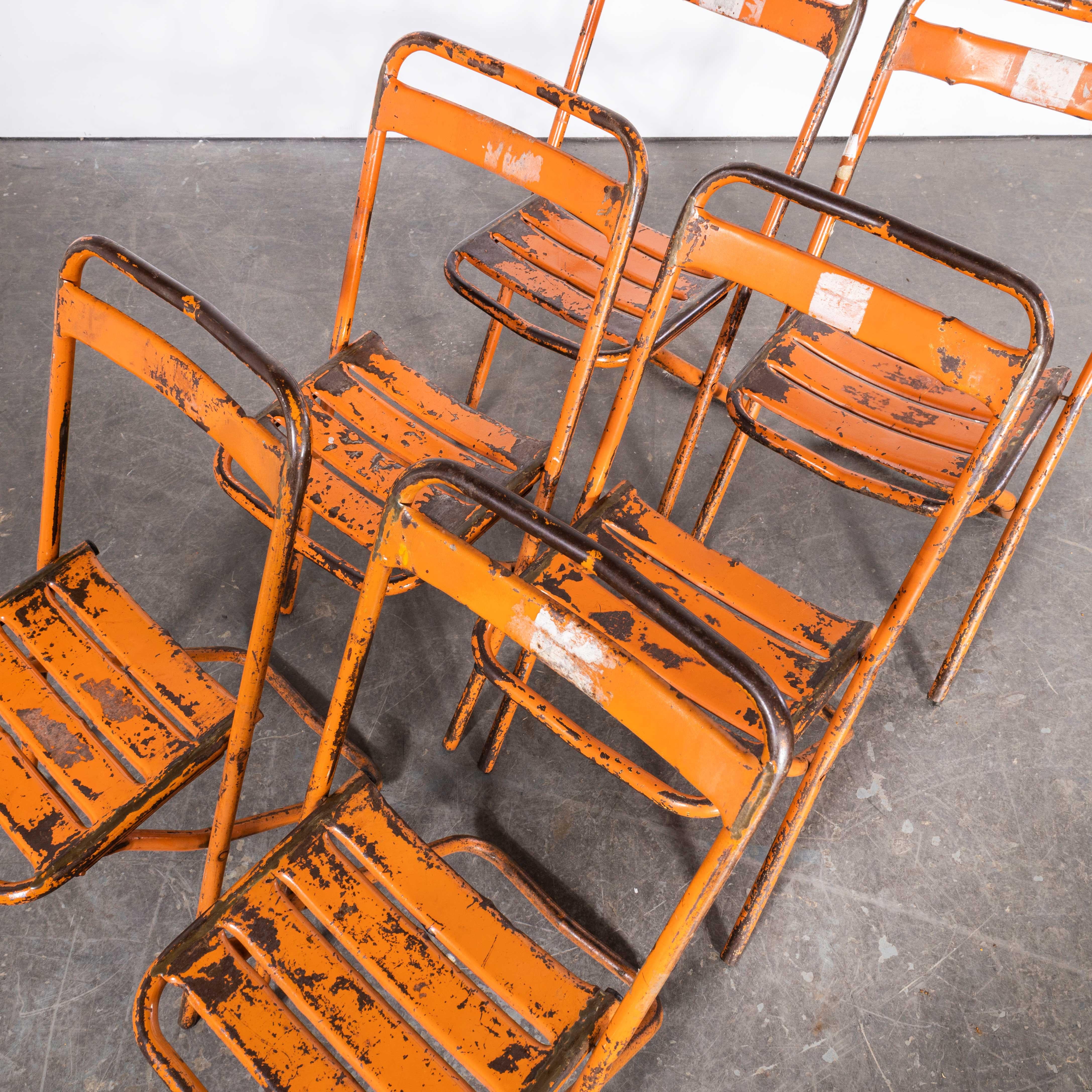 1950's Original Orange Tolix Folding Metal Outdoor Chairs - Set Of Six For Sale 4