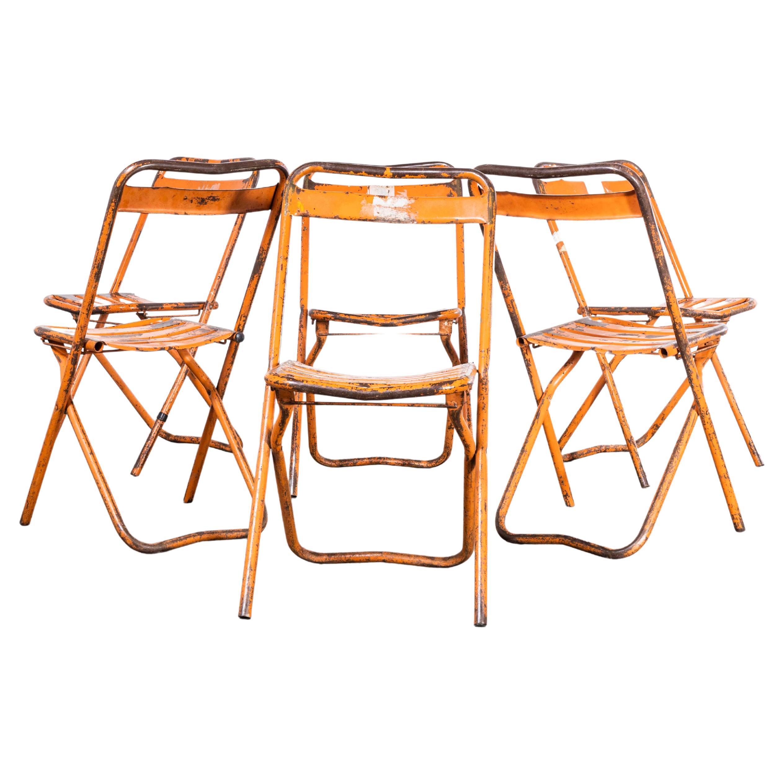 1950's Original Orange Tolix Folding Metal Outdoor Chairs - Set Of Six For Sale
