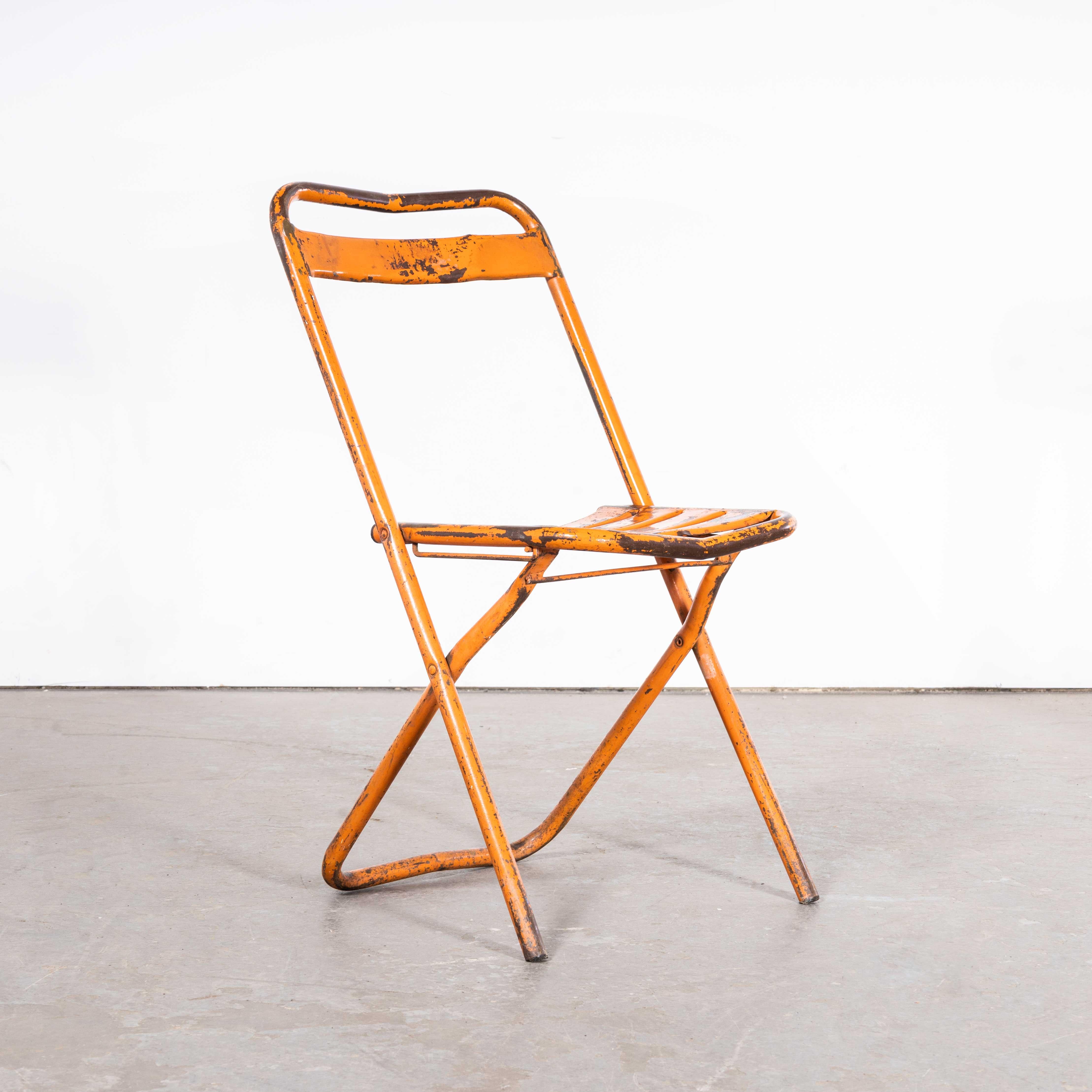 French 1950's Original Orange Tolix Folding Metal Outdoor Chairs - Various Qty For Sale