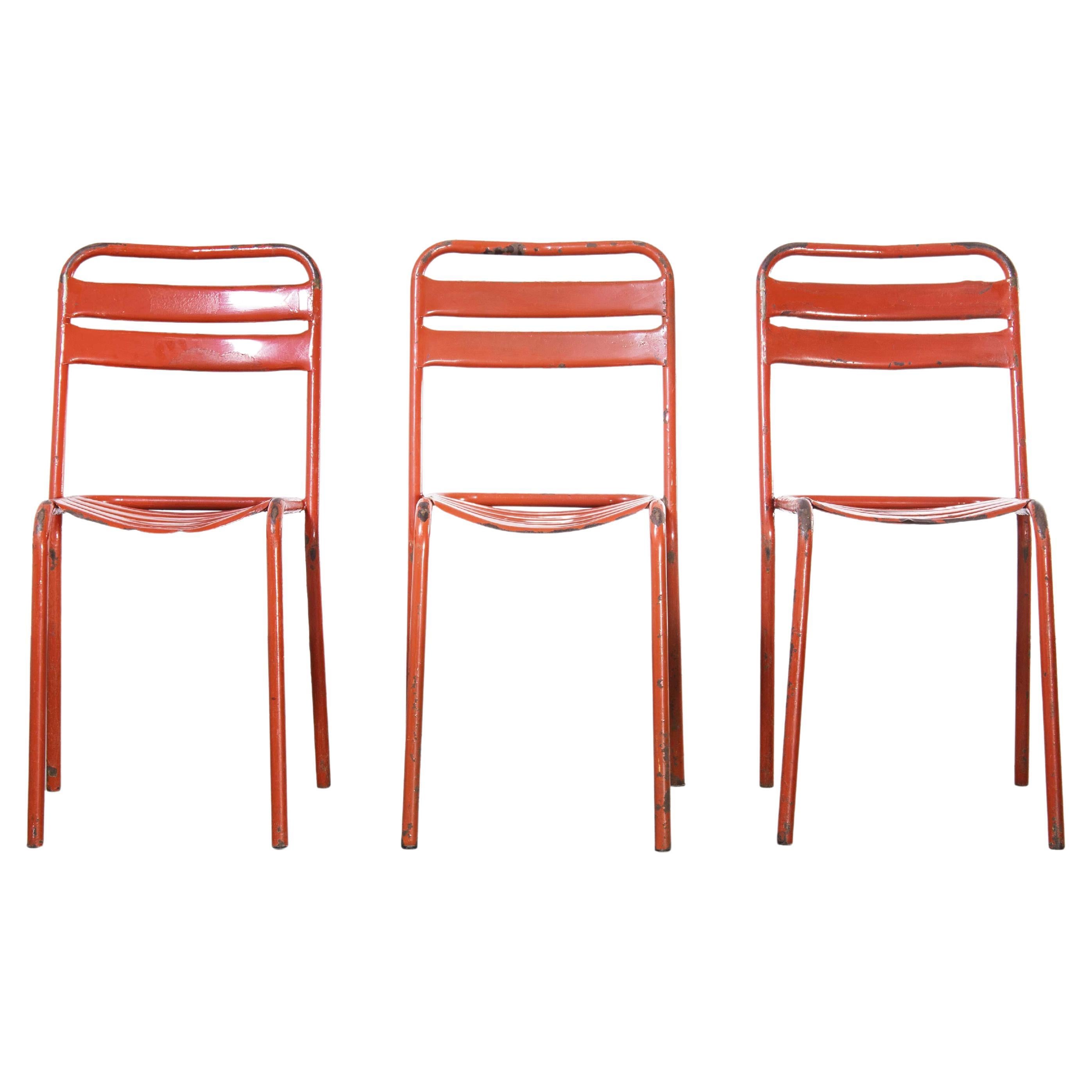 1950's Original Red French Tolix T2 Dining Chair, Set of Three