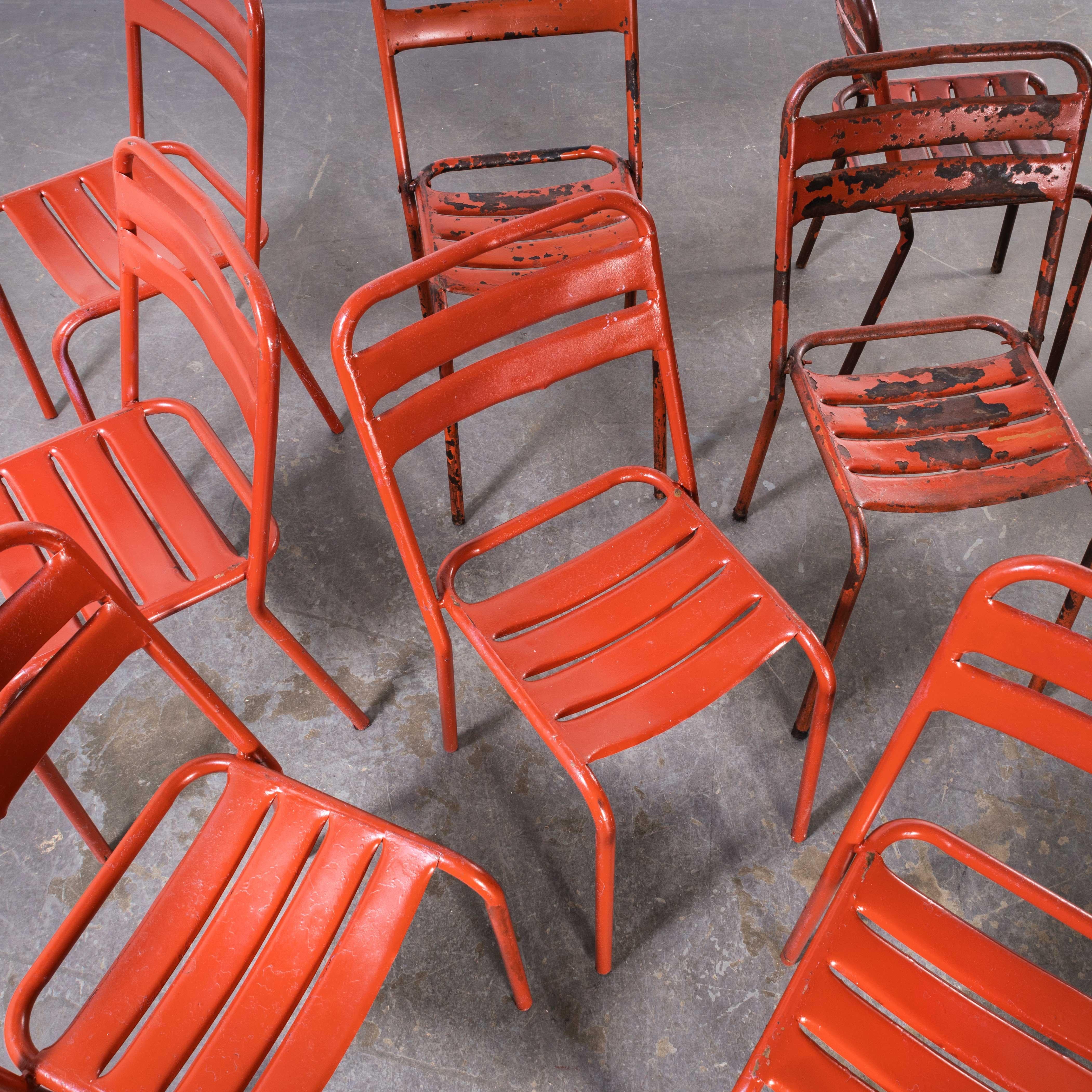 1950's Original Red French Tolix T2 Metal Outdoor Dining Chairs, Set of Eight 3