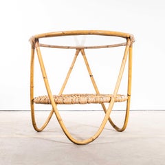 1950's Original Small Round Glass Top Rattan Table