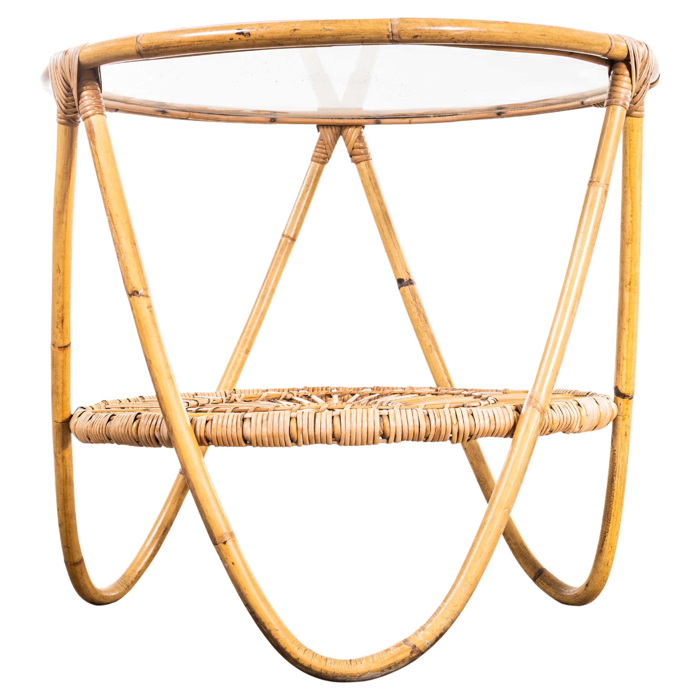 1950's Original Small Round Glass Top Rattan Table