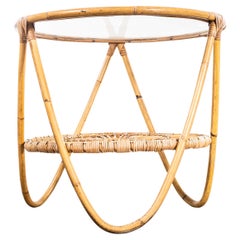 1950's Original Small Round Glass Top Rattan Table