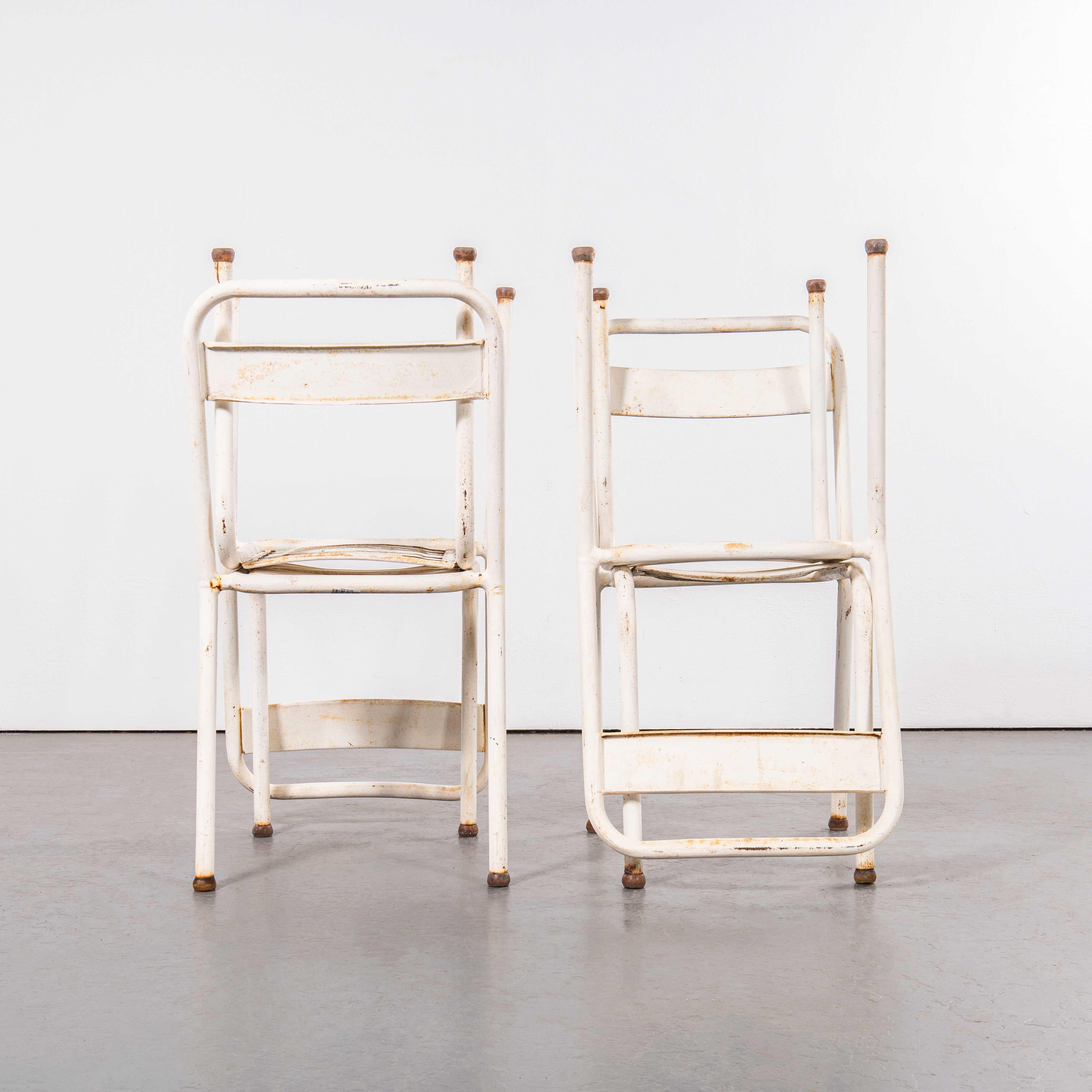 1950’s Original T1 French Outdoor Chairs By Tolix – Set Of Four. 

Tolix is one of our all time favourite companies. In 1907 Frenchman Xavier Pauchard discovered that he could protect sheet metal from rusting by dipping it in molten zinc