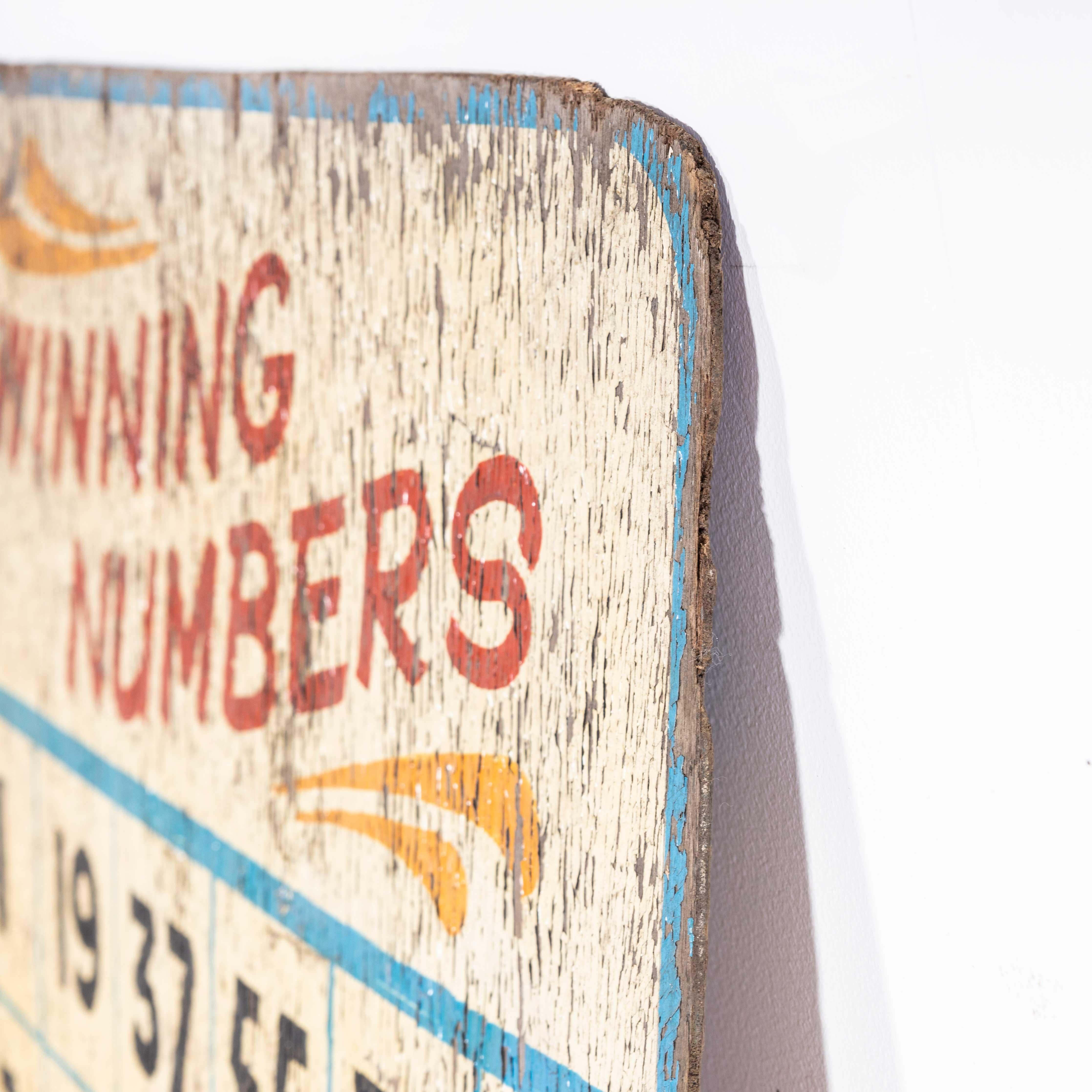 1950s Original Winning Numbers Large Fairground Sign
1950s Original Winning Numbers Large Fairground Sign. Lovely honest and original fairground sign mounted on wooden board and hand painted.

WORKSHOP REPORT
Our workshop team inspect every