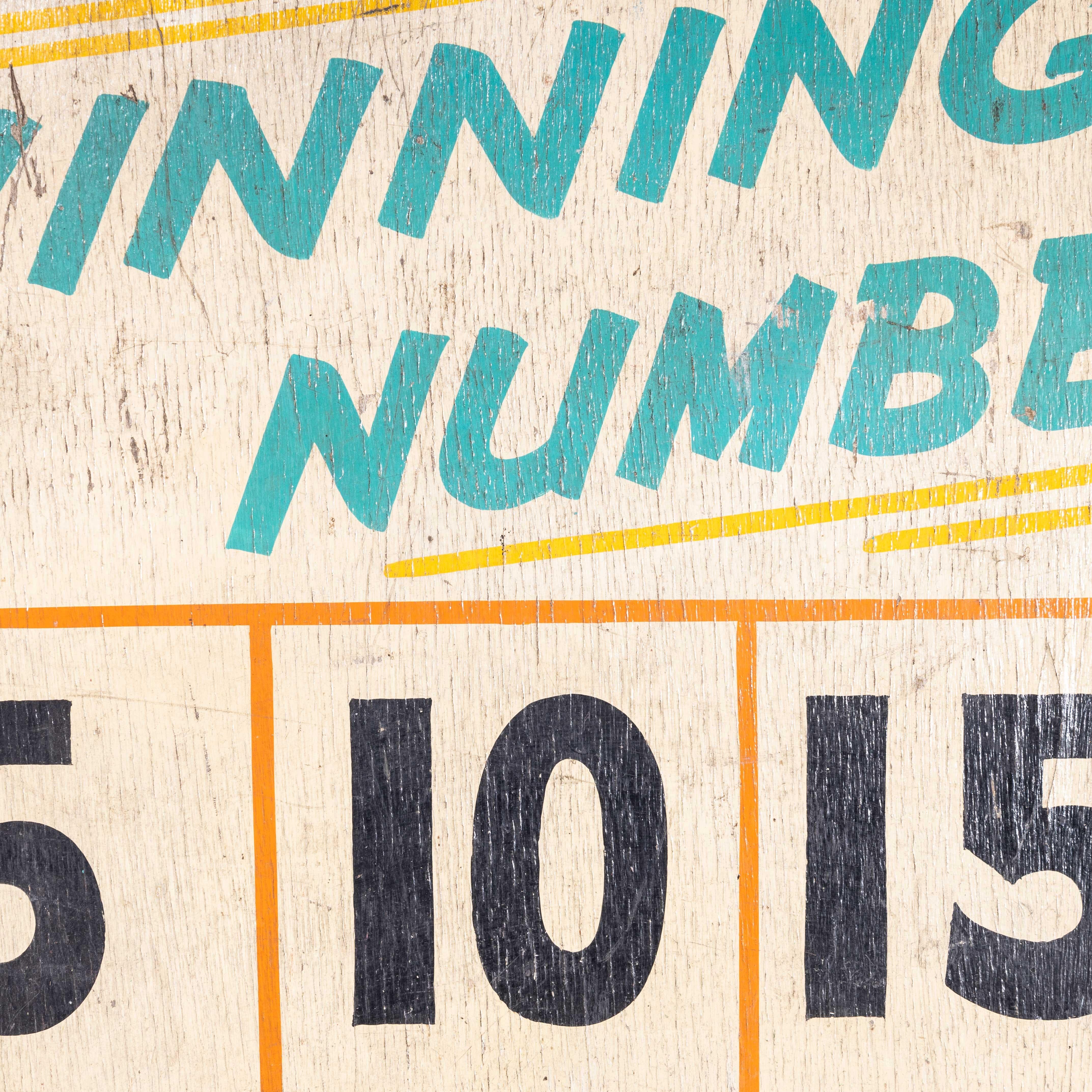 Wood 1950s Original Winning Numbers Large Fairground Sign For Sale