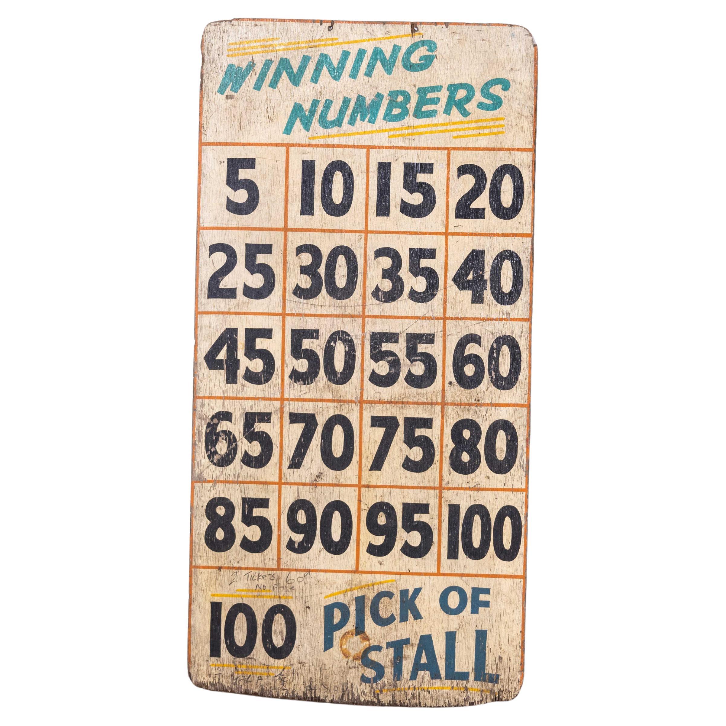 1950s Original Winning Numbers Large Fairground Sign For Sale