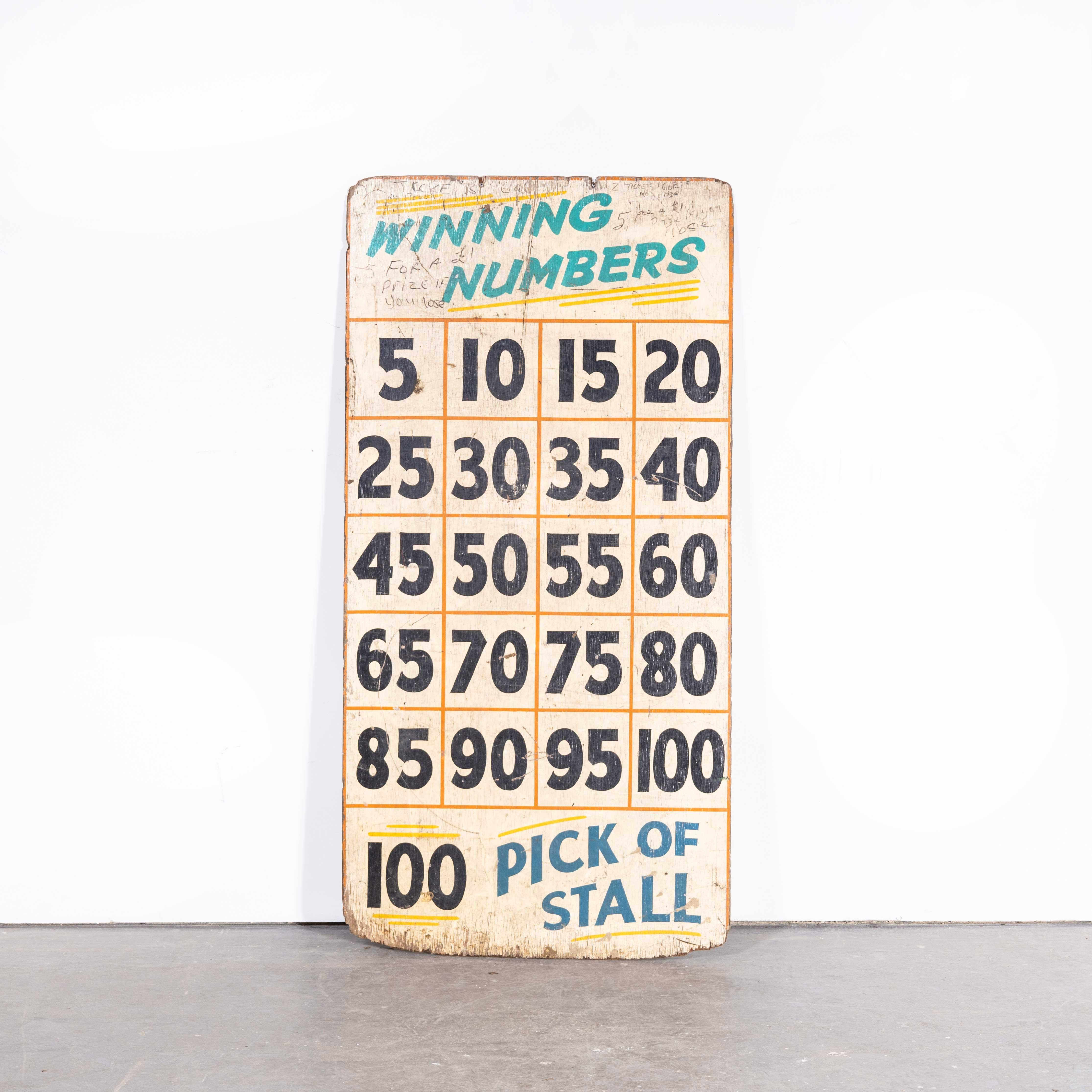 English 1950s Original Winning Numbers Large Fairground Sign, Odds For Sale