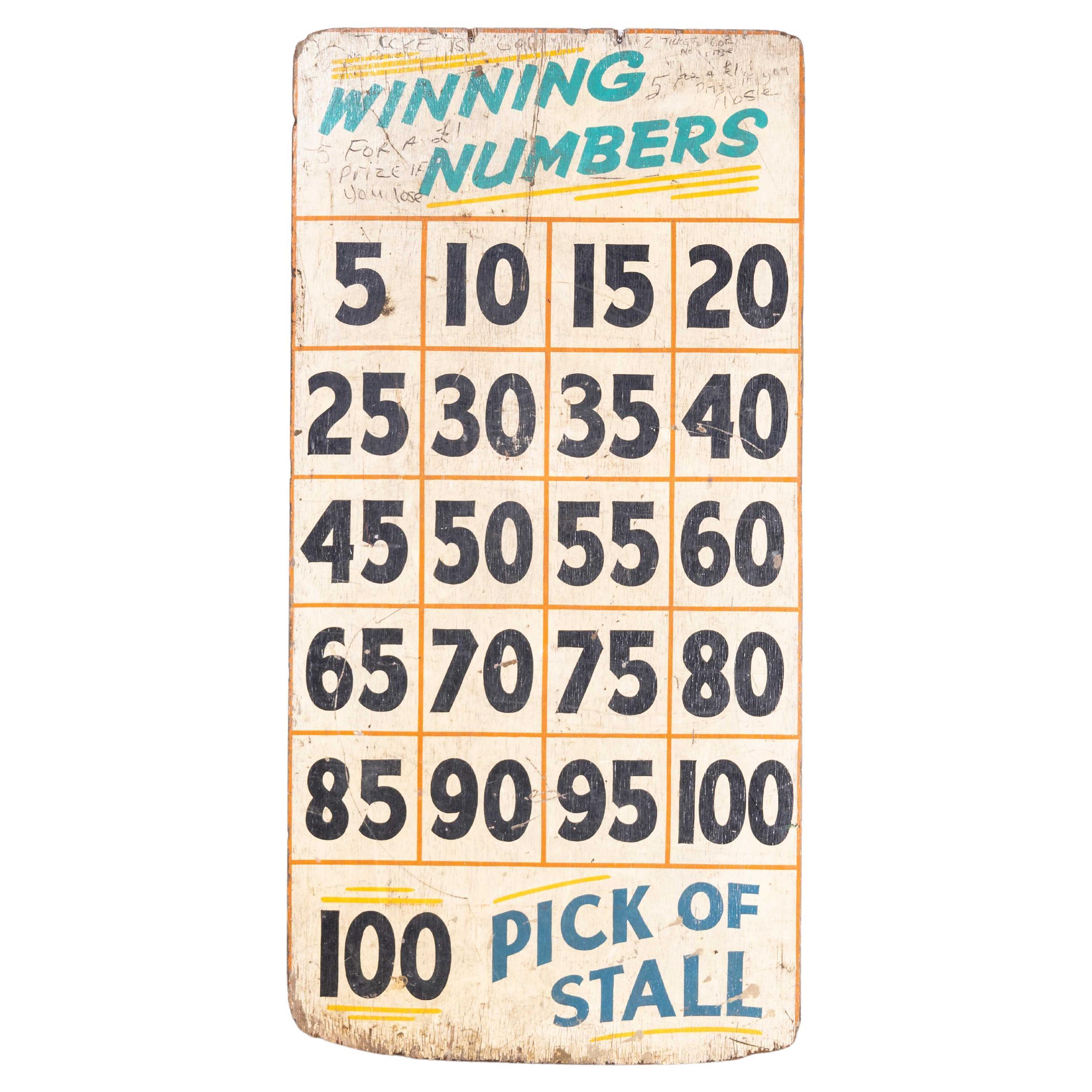 1950s Original Winning Numbers Large Fairground Sign, Odds For Sale