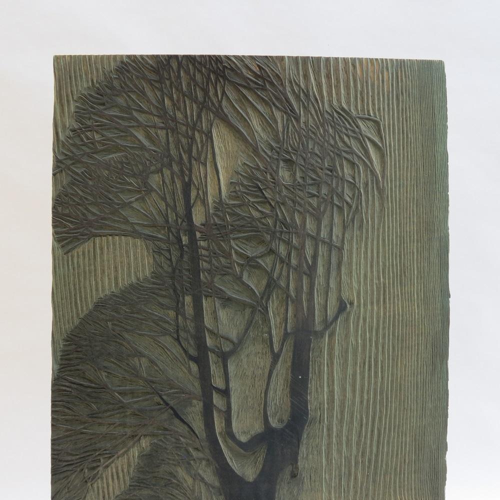 Original 1950s woodcut wooden print block by Pauline Jacobsen. Very nicely detailed, hand carved lime wood then used for printing. Exceptionally well carved. The artist would often use the grain of the lime wood as a feature of the design. Remnants