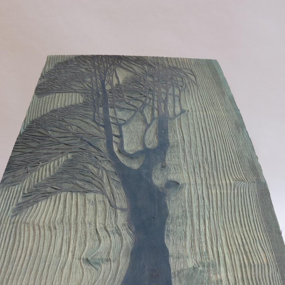 Mid-Century Modern 1950s Original Woodcut Carved Wooden Print Block by Pauline Jacobsen Tree