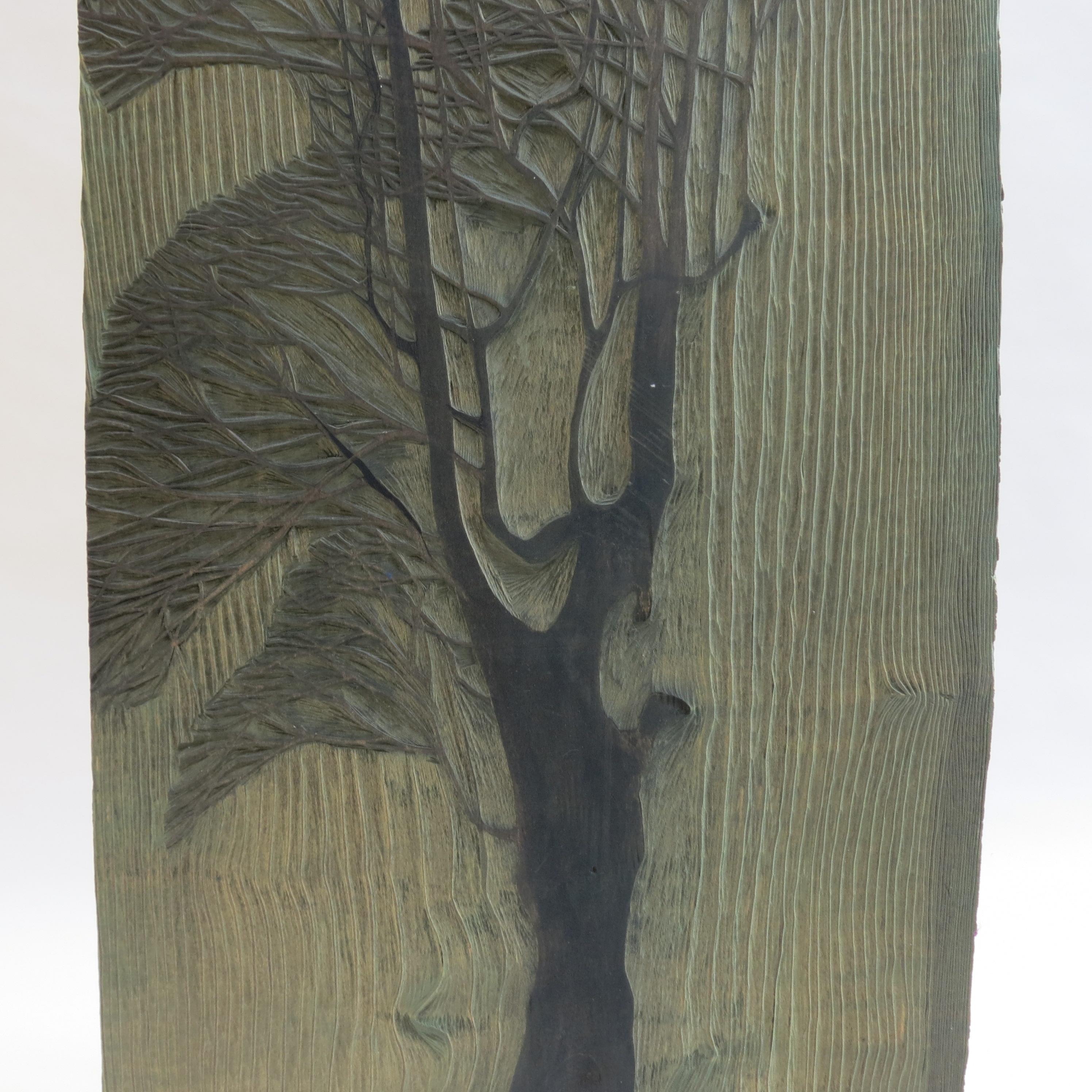 1950s Original Woodcut Carved Wooden Print Block by Pauline Jacobsen Tree For Sale 2