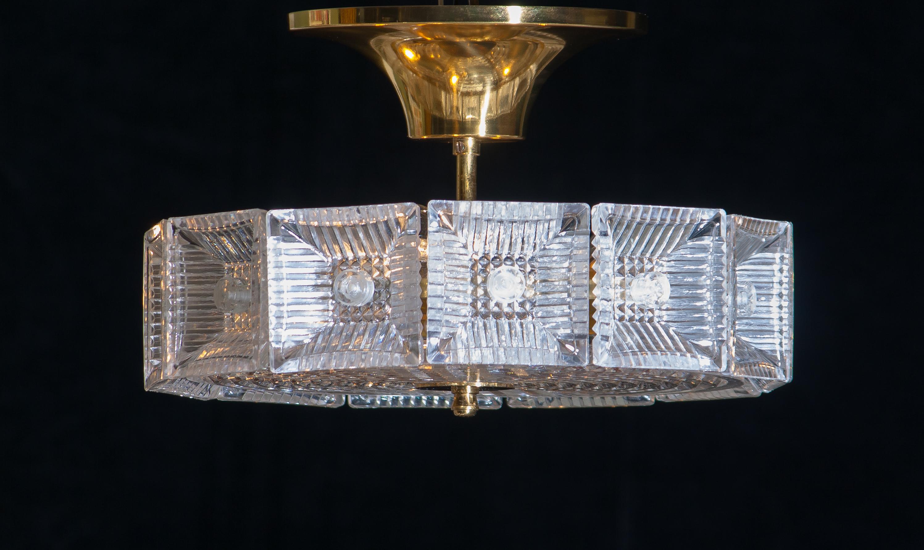 Mid-Century Modern 1950s Orrefors Crystal and Brass Flush Mount or Pendant, Carl Fagerlund, Sweden