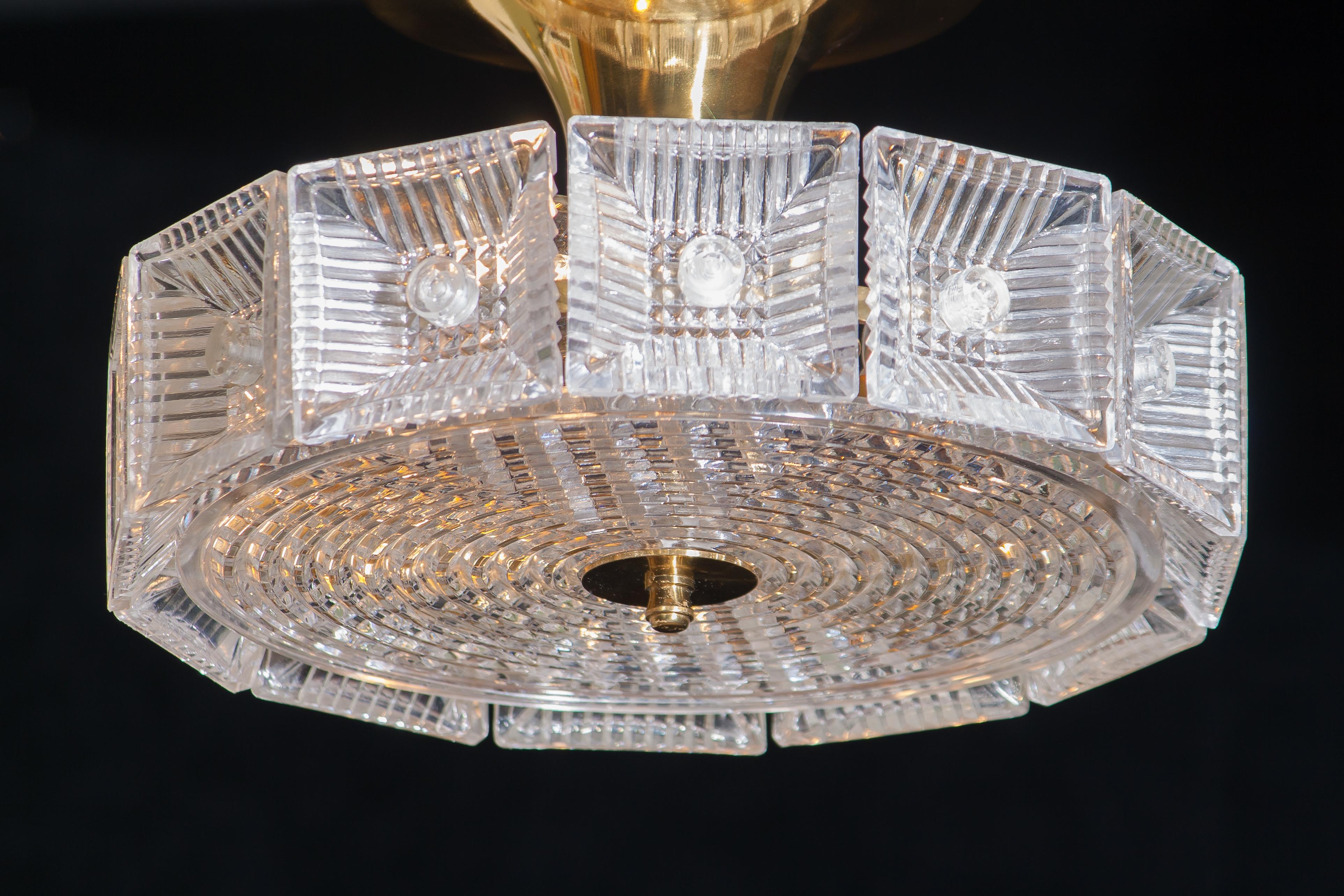 Swedish 1950s Orrefors Crystal and Brass Flush Mount or Pendant, Carl Fagerlund, Sweden