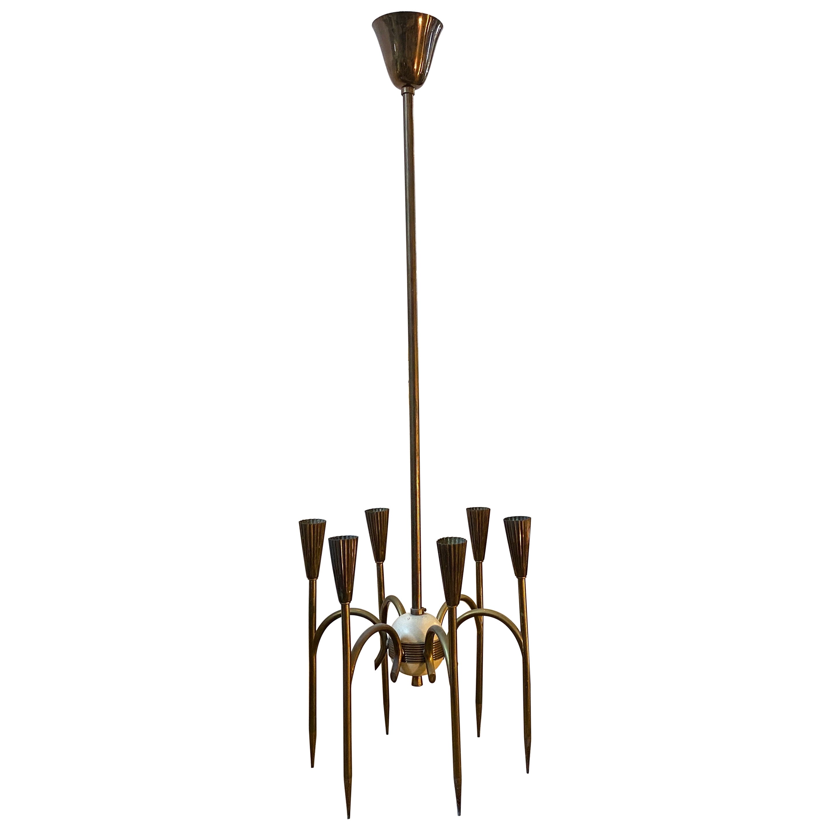 1950s Oscar Torlasco Style Mid-Century Modern Solid Brass Italian Chandelier