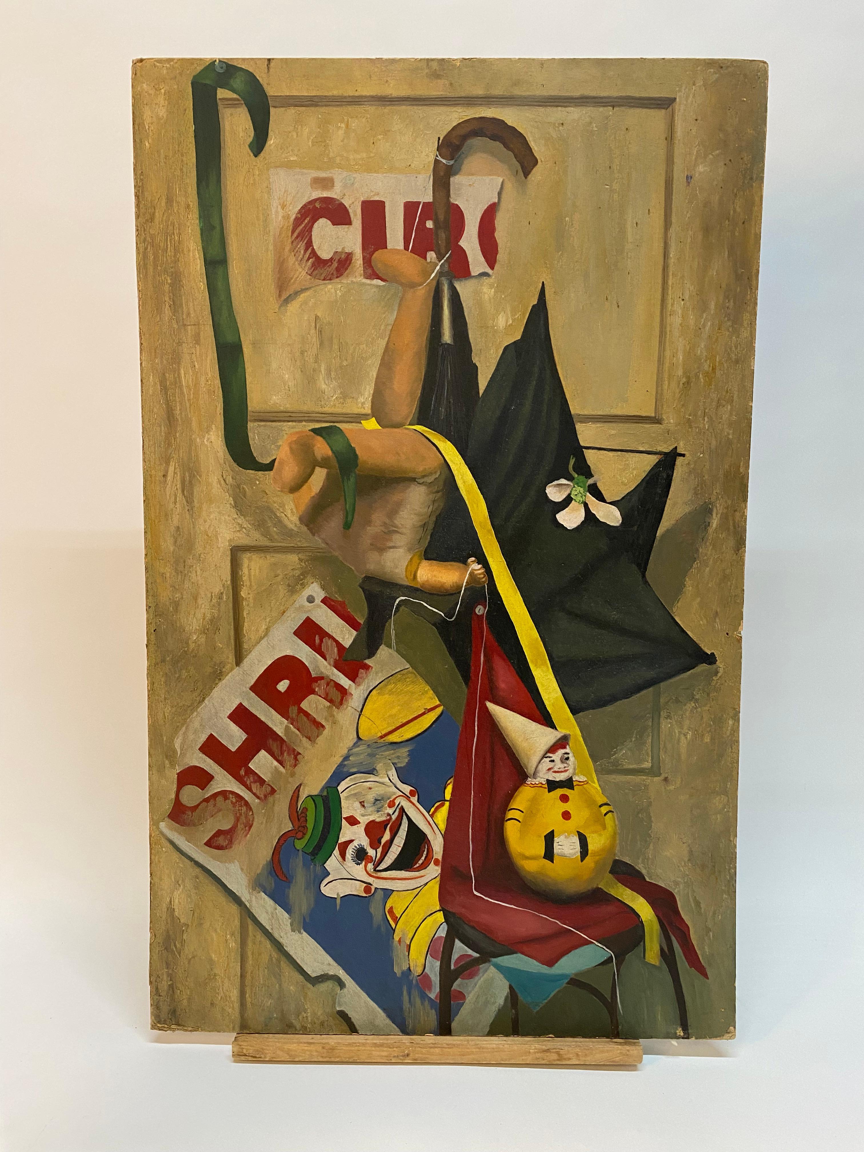 A modernist contemplative allegorical still life vanitas type painting on masonite board. Circa 1950. This work originates from a Western Connecticut estate. The work is unsigned. The artist renders several derelict objects in paint: a worn and torn