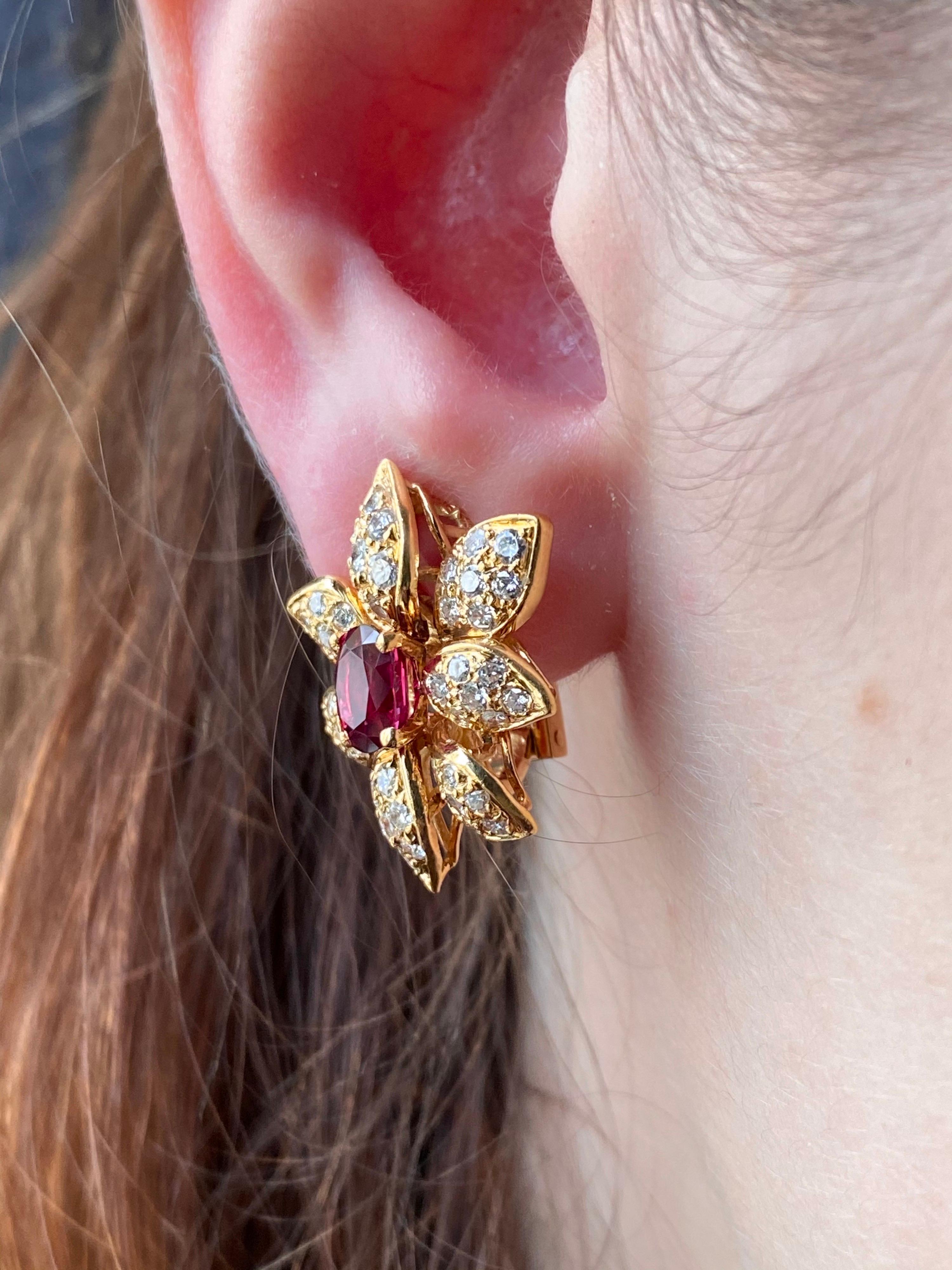 Oval Cut 1950s Oval Ruby Round Brilliant Diamond Flower Clip Earrings Yellow Gold French For Sale