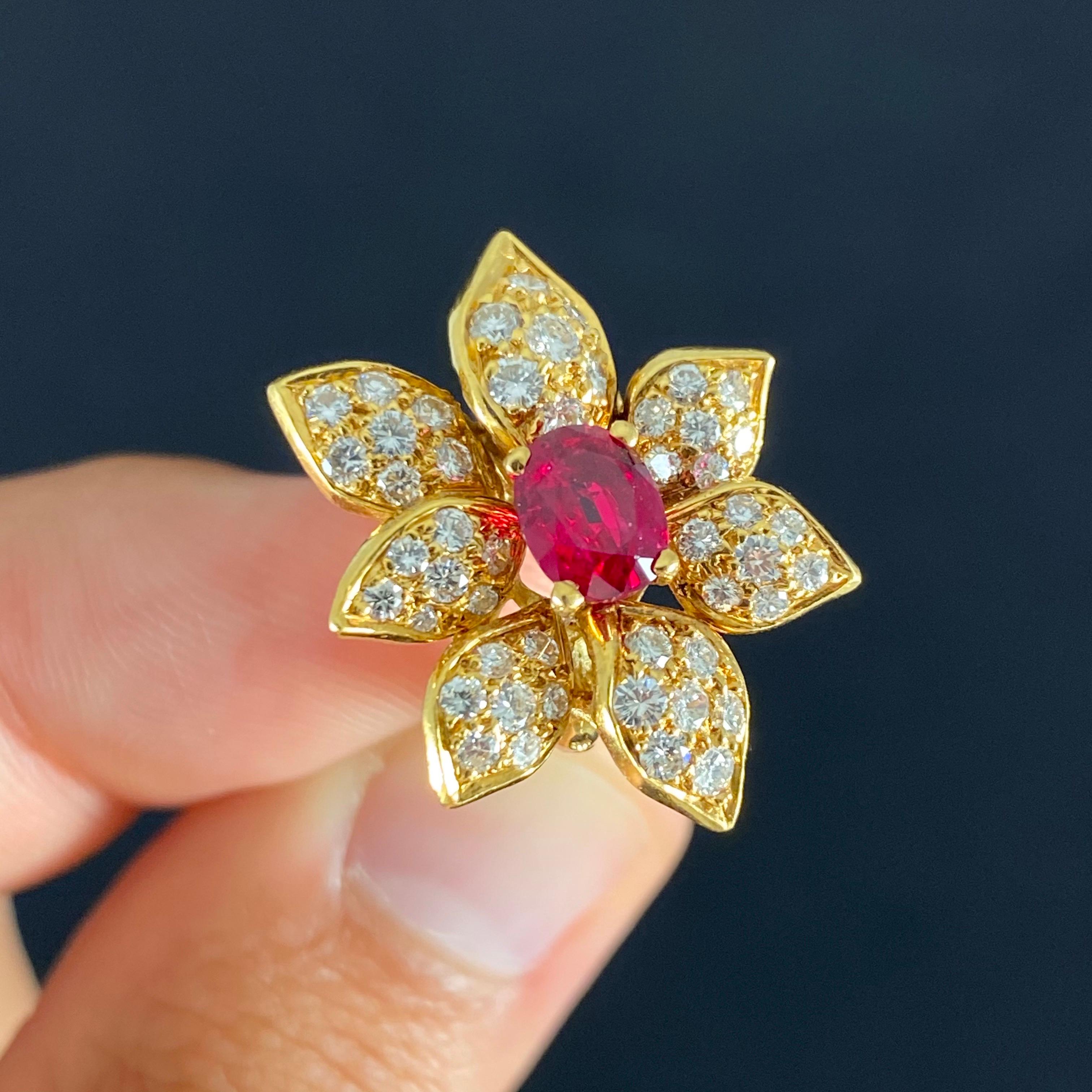 1950s Oval Ruby Round Brilliant Diamond Flower Clip Earrings Yellow Gold French For Sale 1