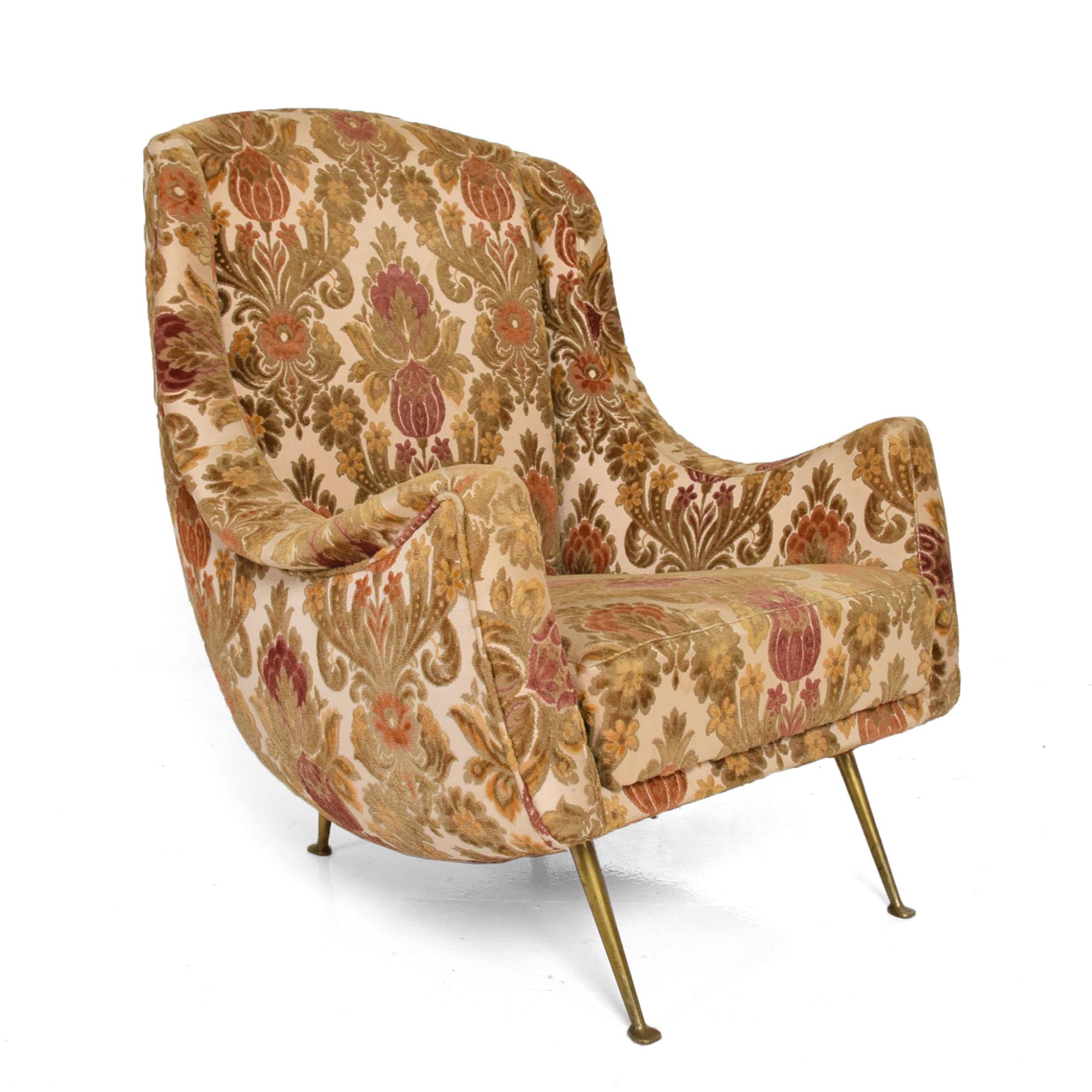 Italian 1950s Overstuffed Lounge Club Chairs Flared Brass Legs Paolo Buffa Italy