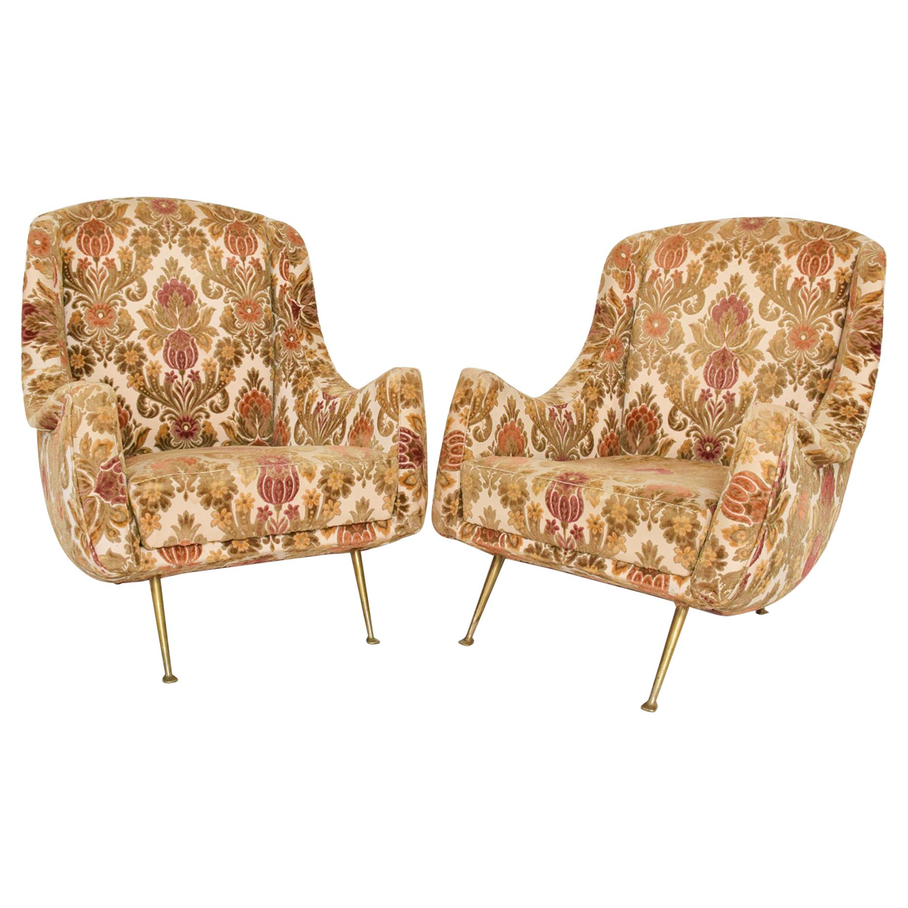 1950s Overstuffed Lounge Club Chairs Flared Brass Legs Paolo Buffa Italy