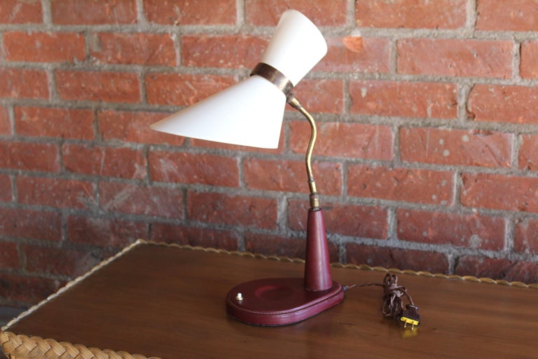 1950s Oxblood Leather Desk Lamp by Jacques Adnet, France 3