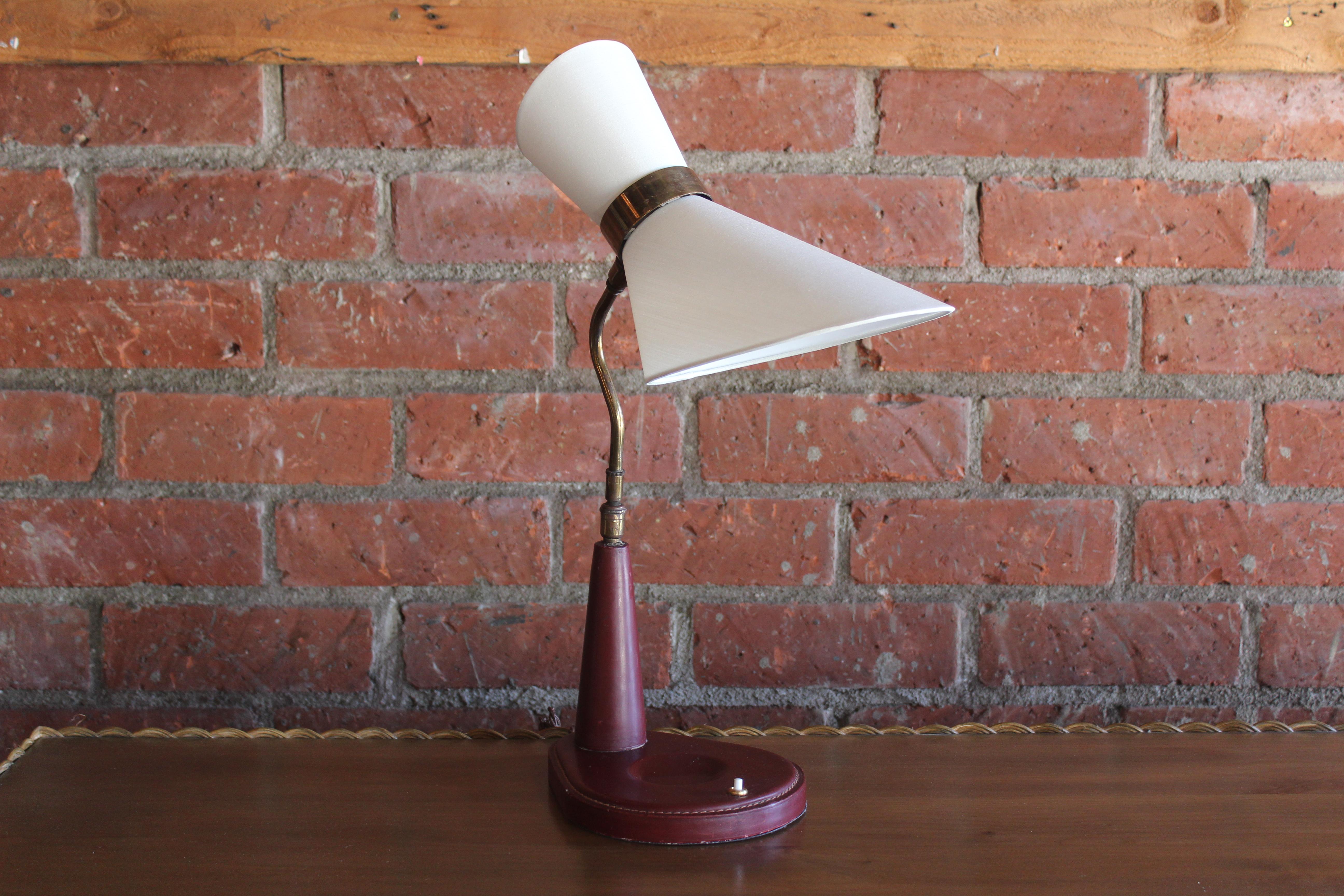 Mid-Century Modern 1950s Oxblood Leather Desk Lamp by Jacques Adnet, France