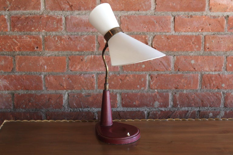 French 1950s Oxblood Leather Desk Lamp by Jacques Adnet, France
