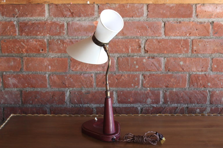 Brass 1950s Oxblood Leather Desk Lamp by Jacques Adnet, France