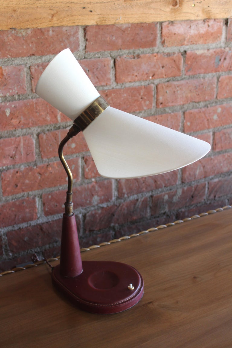 1950s Oxblood Leather Desk Lamp by Jacques Adnet, France 1