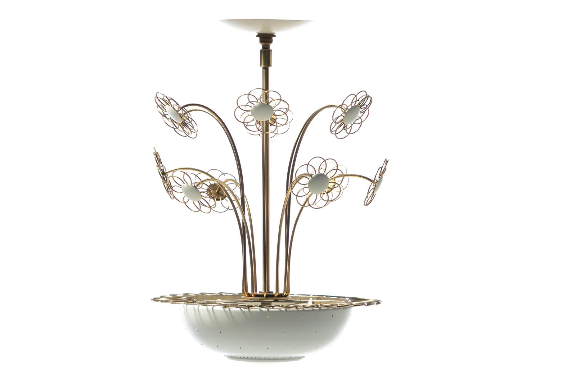 1950s Paavo Tynell Style Blooming Brass & White Daisies Chandelier by Lightolier For Sale 6