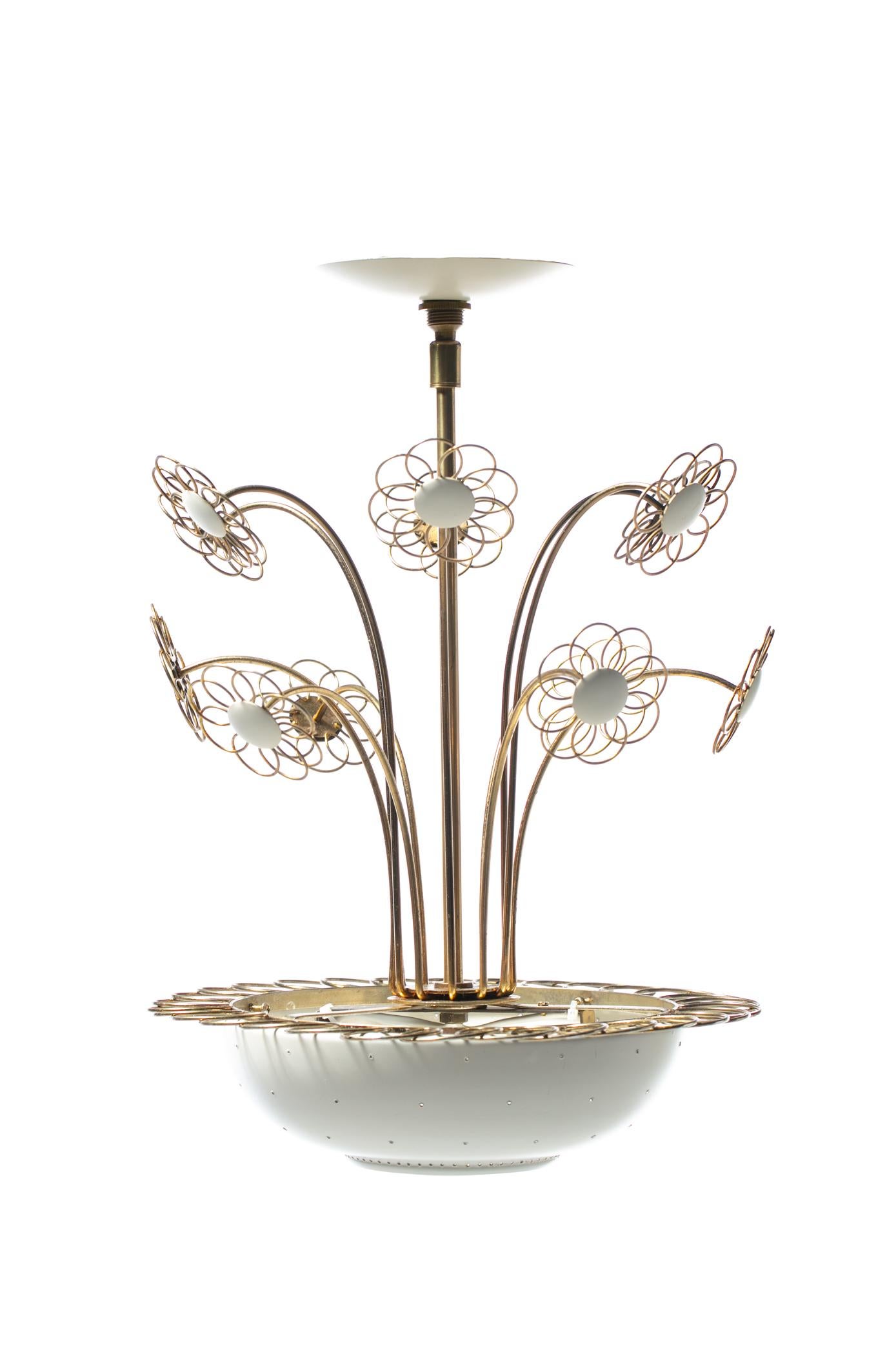 Mid-Century Modern 1950s Paavo Tynell Style Blooming Brass & White Daisies Chandelier by Lightolier