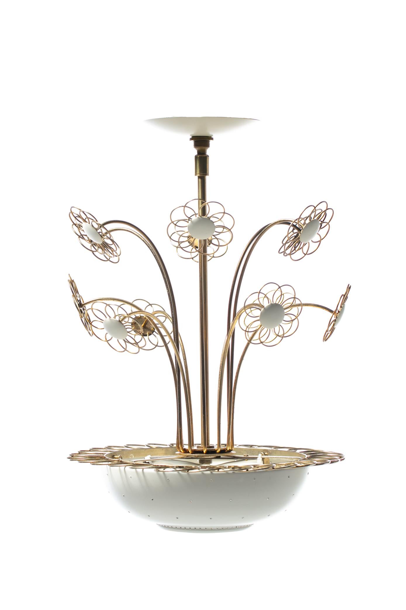 Mid-Century Modern 1950s Paavo Tynell Style Blooming Brass & White Daisies Chandelier by Lightolier For Sale