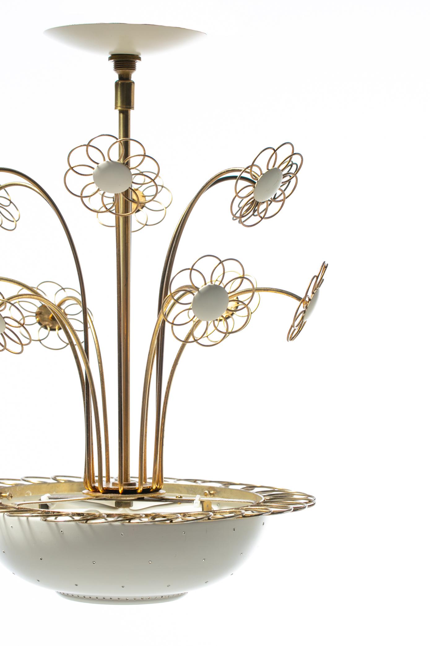 American 1950s Paavo Tynell Style Blooming Brass & White Daisies Chandelier by Lightolier