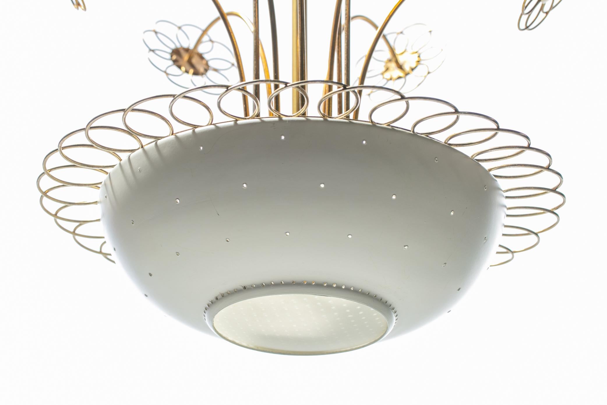 1950s Paavo Tynell Style Blooming Brass & White Daisies Chandelier by Lightolier 2