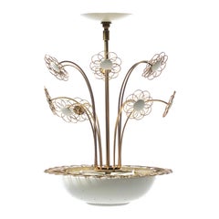 Vintage 1950s Paavo Tynell Style Blooming Brass & White Daisies Chandelier by Lightolier