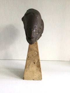 1950s Painted Ceramic Ram's Head Fossil on a Travertine Base