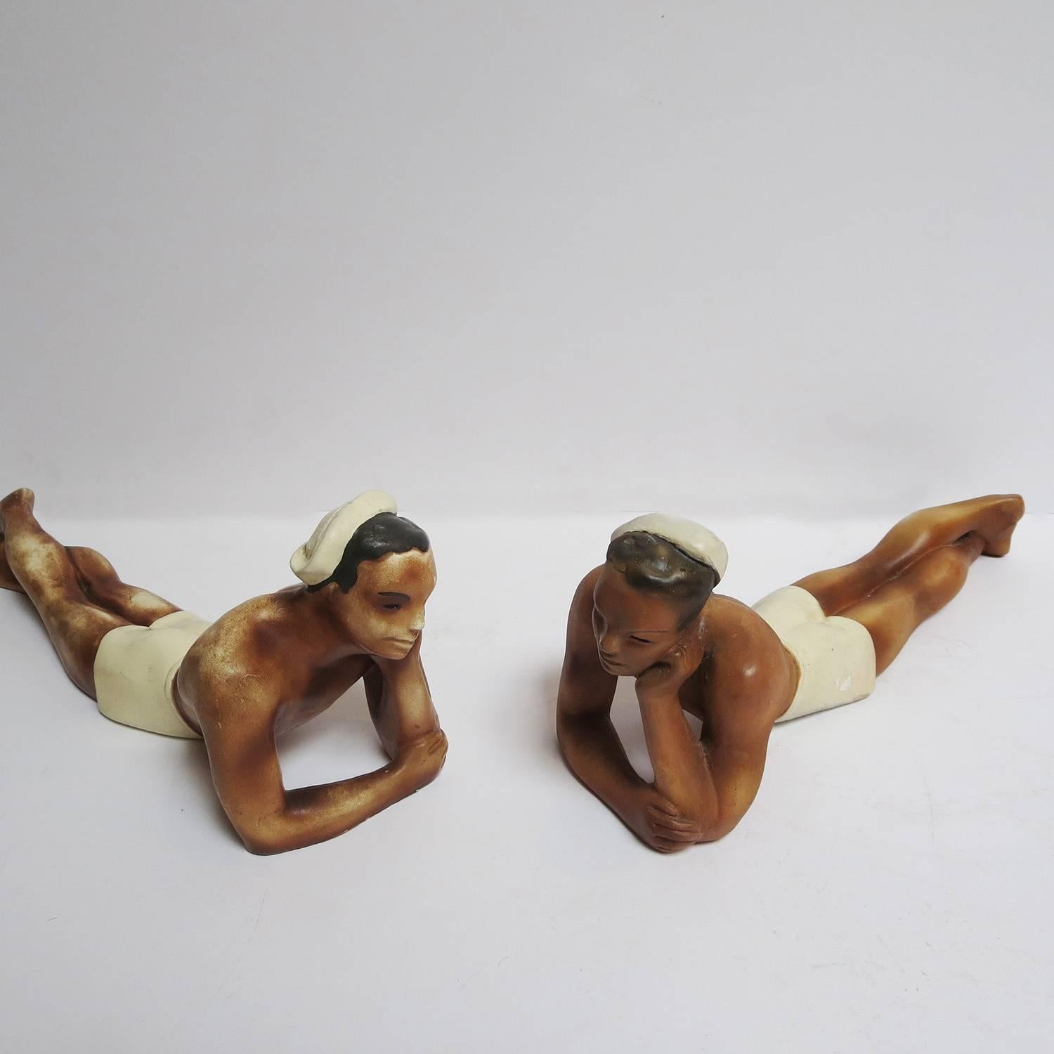 Hand-Painted 1950s Painted Chalkware Shirtless Sailors