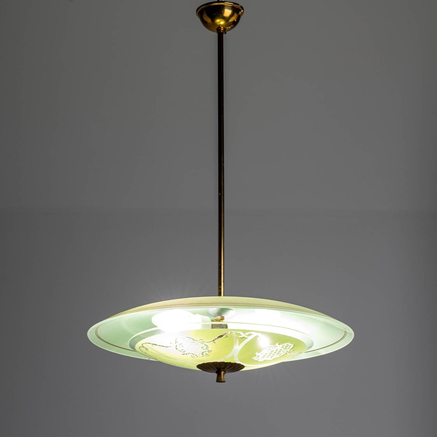 1950's Painted & Etched Glass and Brass Pendant in the Style of Pietro Chiesa For Sale 5