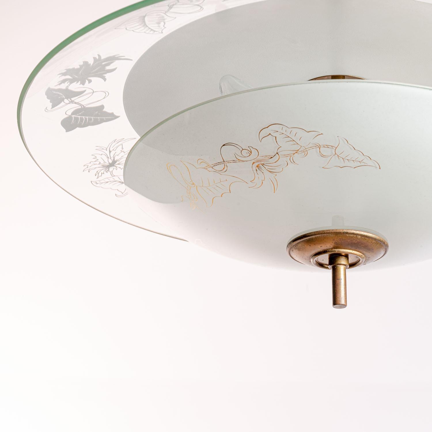 Italian 1950's Painted & Etched Glass and Brass Pendant in the Style of Pietro Chiesa For Sale