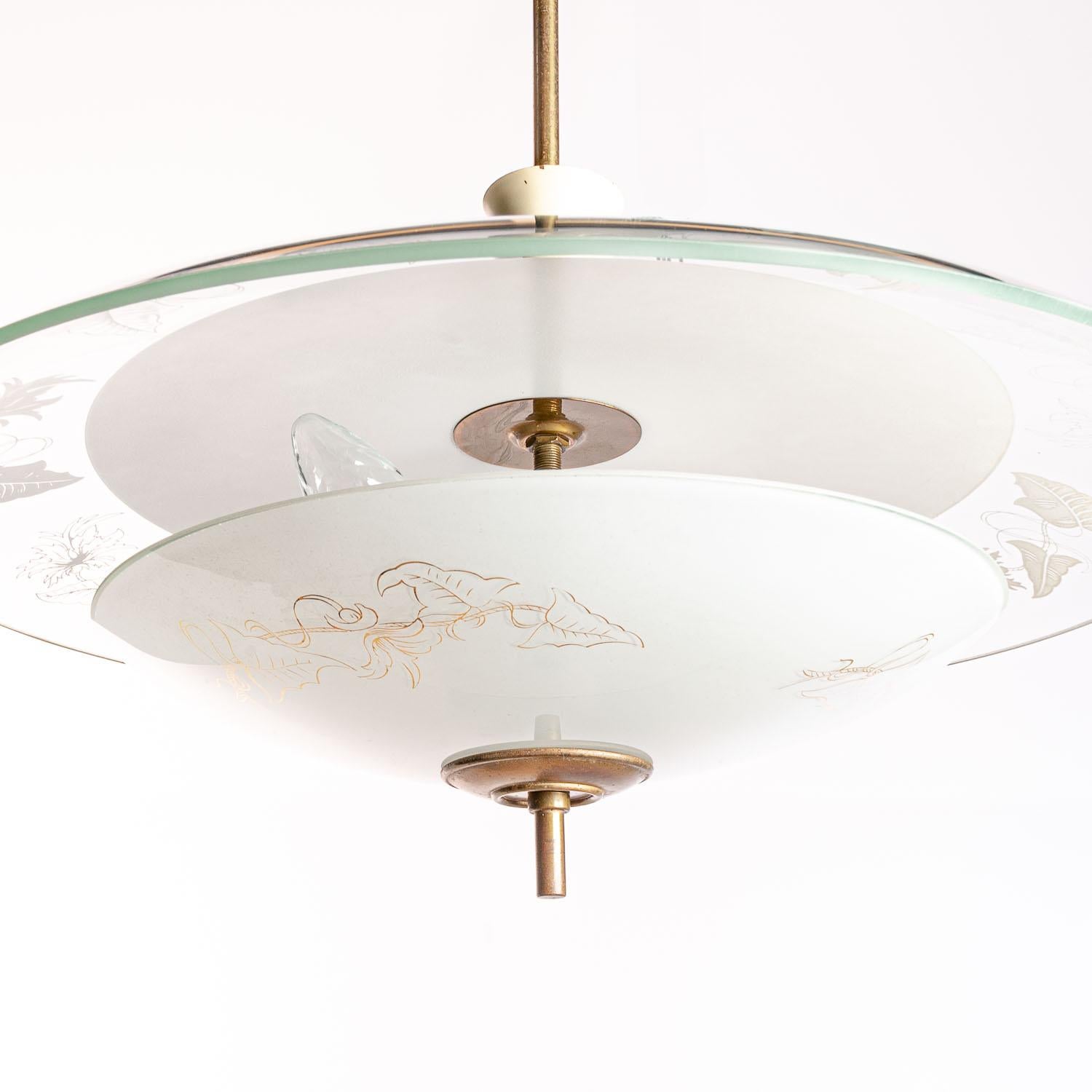 1950's Painted & Etched Glass and Brass Pendant in the Style of Pietro Chiesa For Sale 1